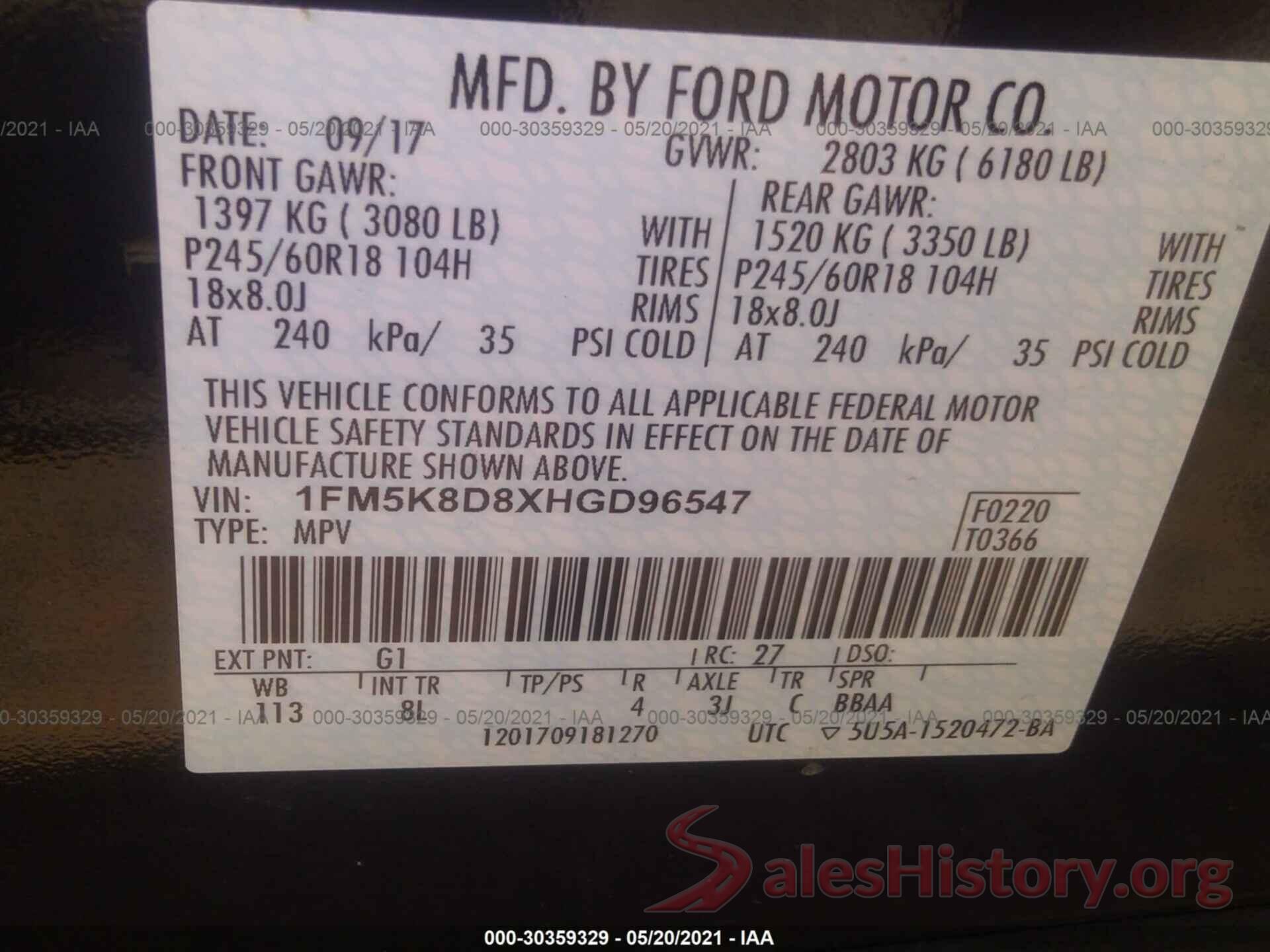 1FM5K8D8XHGD96547 2017 FORD EXPLORER