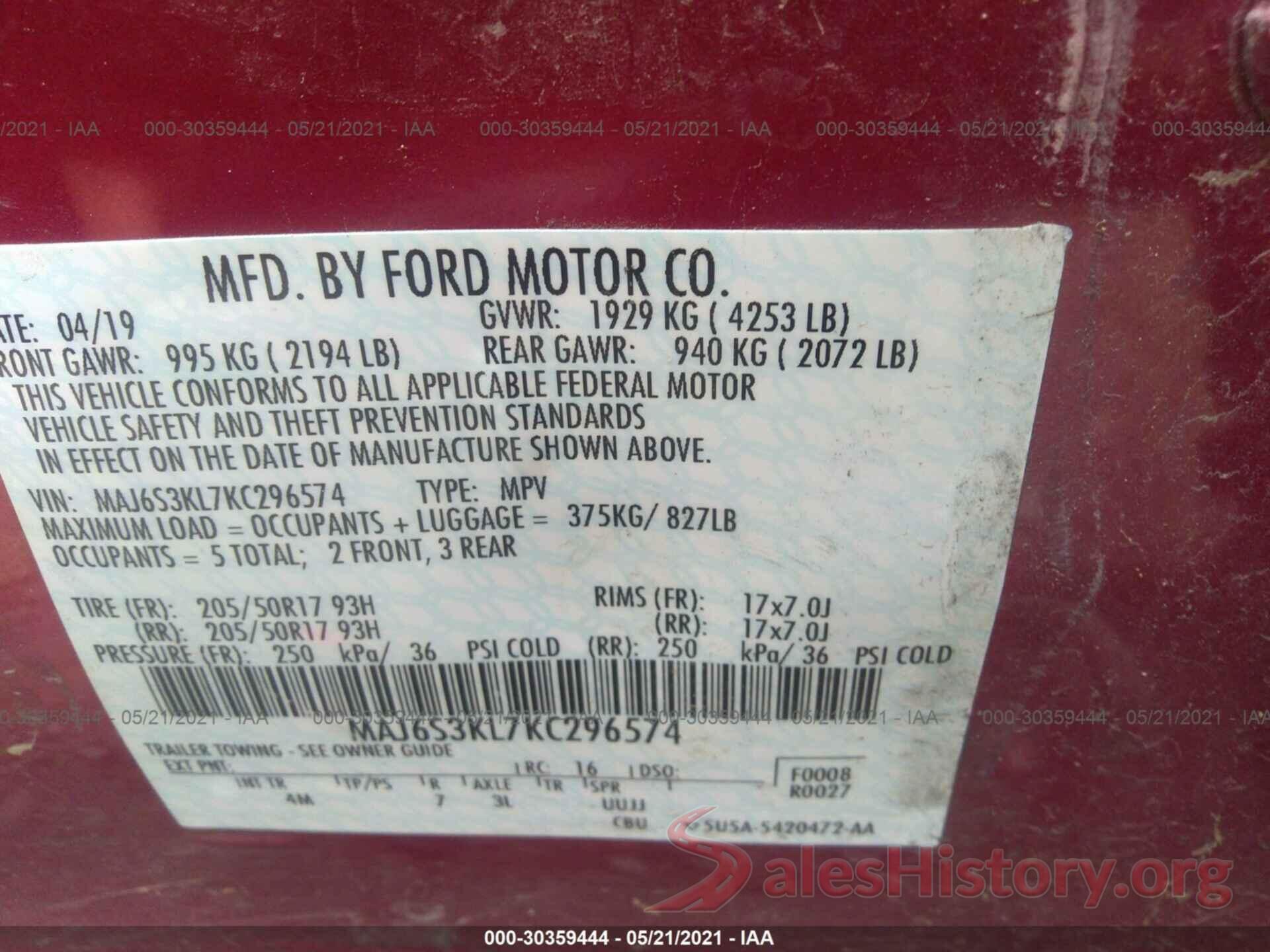 MAJ6S3KL7KC296574 2019 FORD ECOSPORT