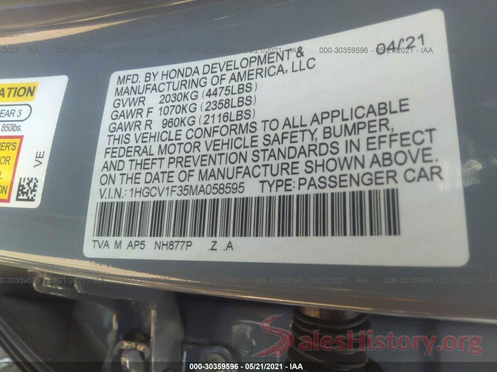 1HGCV1F35MA058595 2021 HONDA ACCORD SEDAN