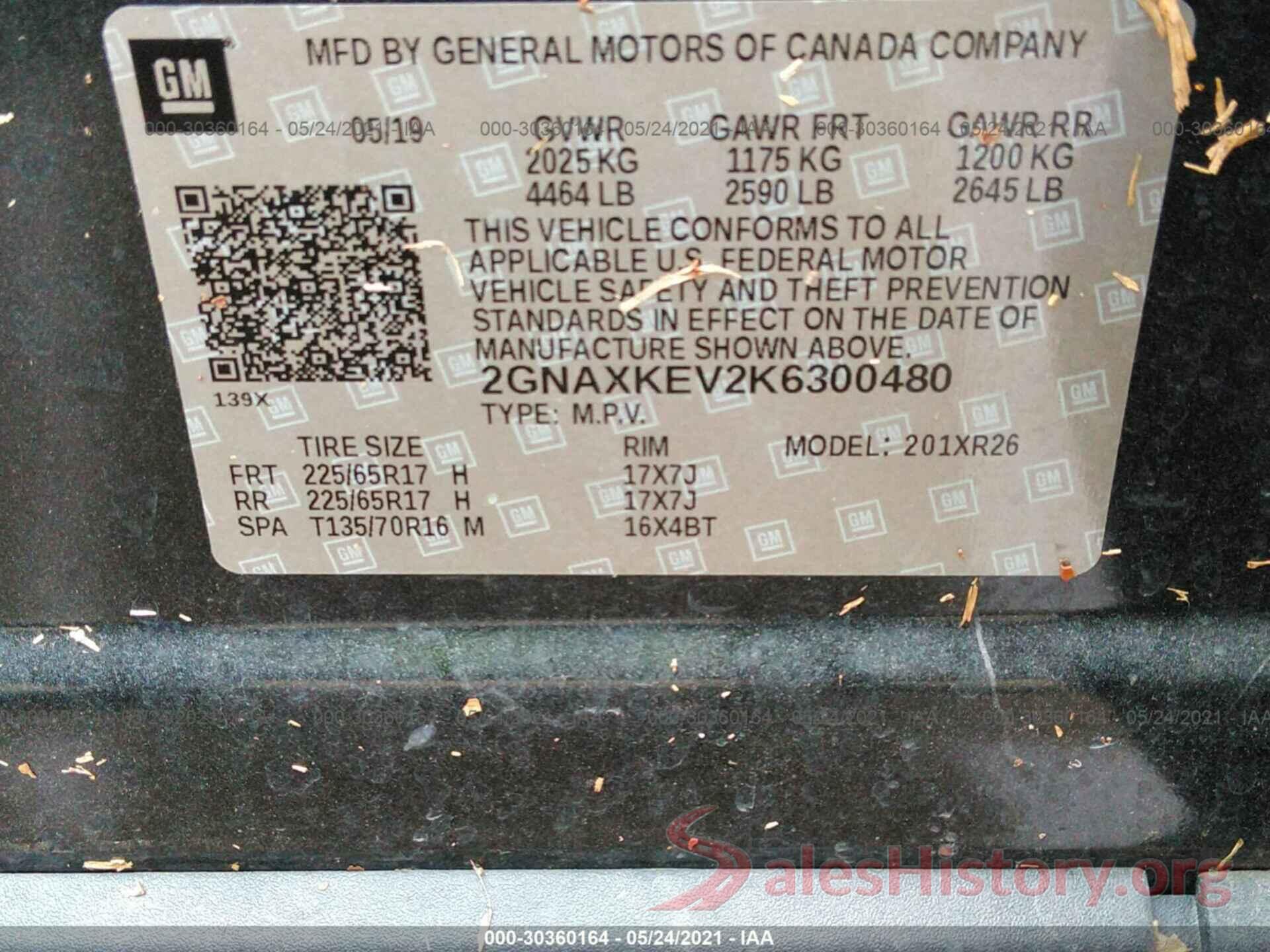 2GNAXKEV2K6300480 2019 CHEVROLET EQUINOX