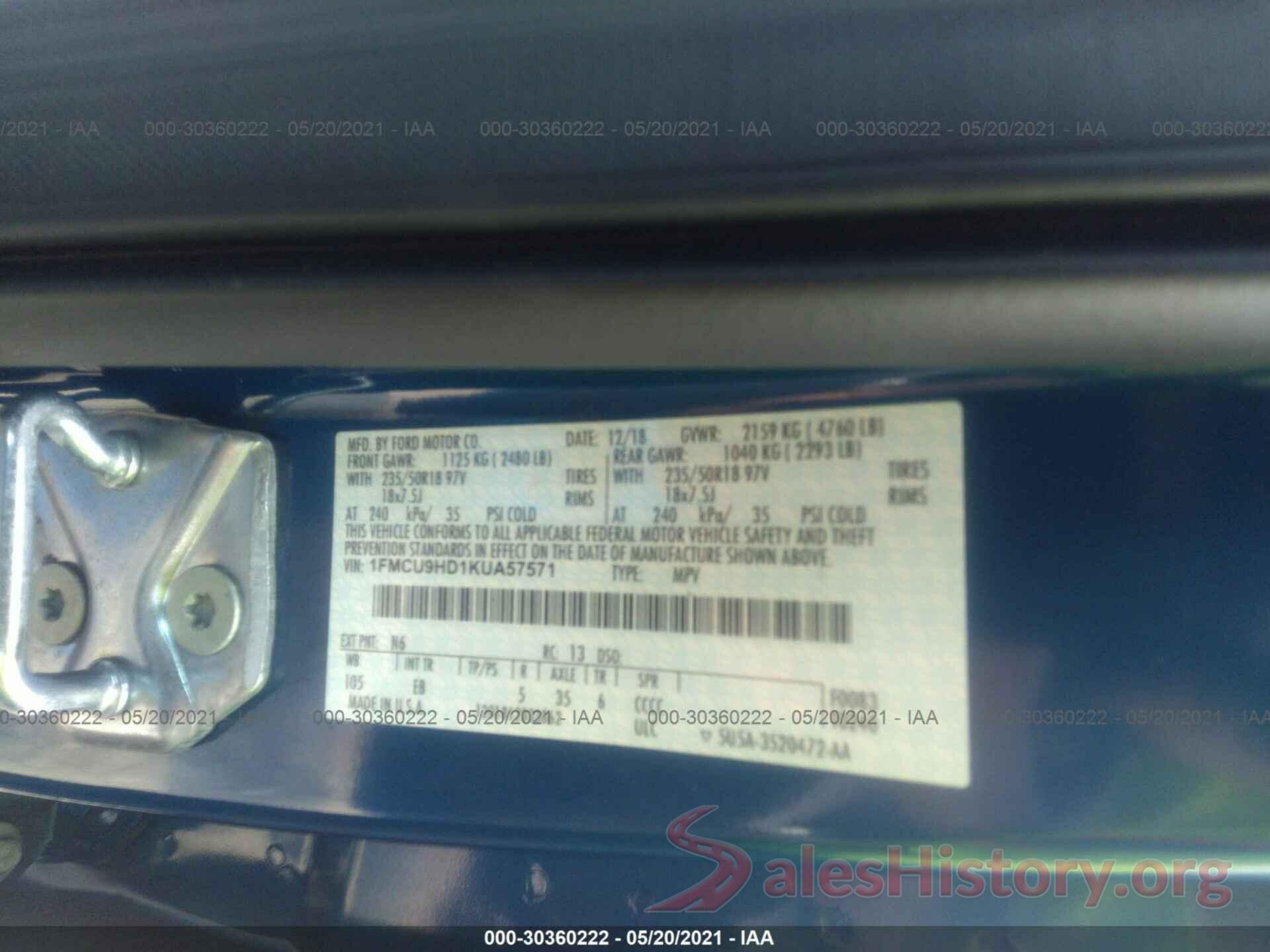 1FMCU9HD1KUA57571 2019 FORD ESCAPE