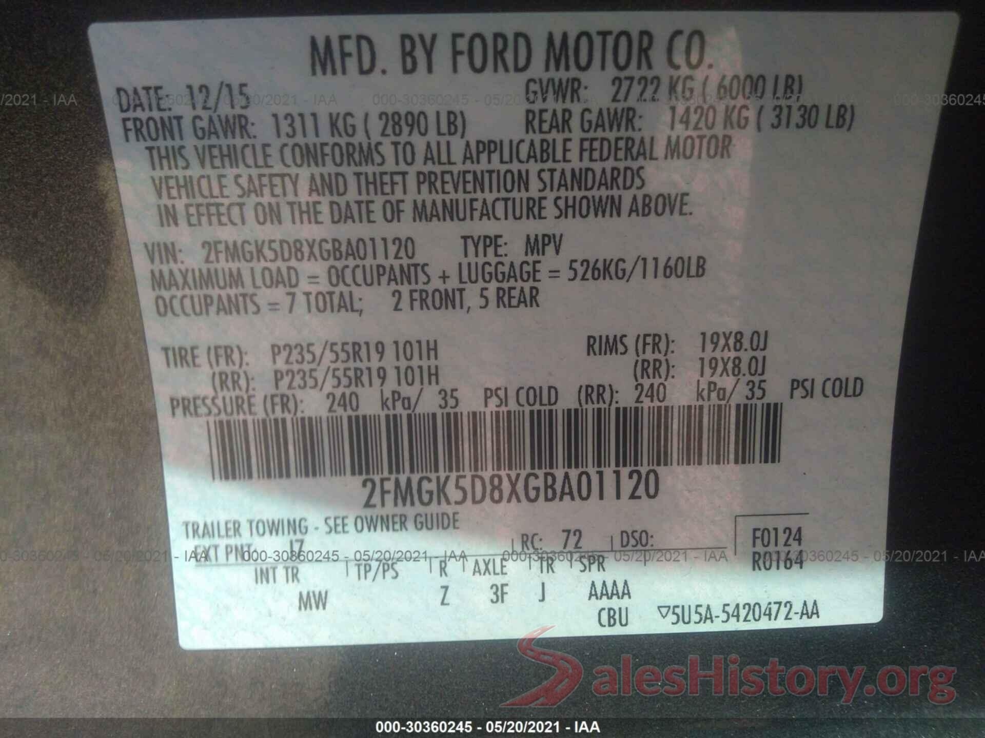 2FMGK5D8XGBA01120 2016 FORD FLEX