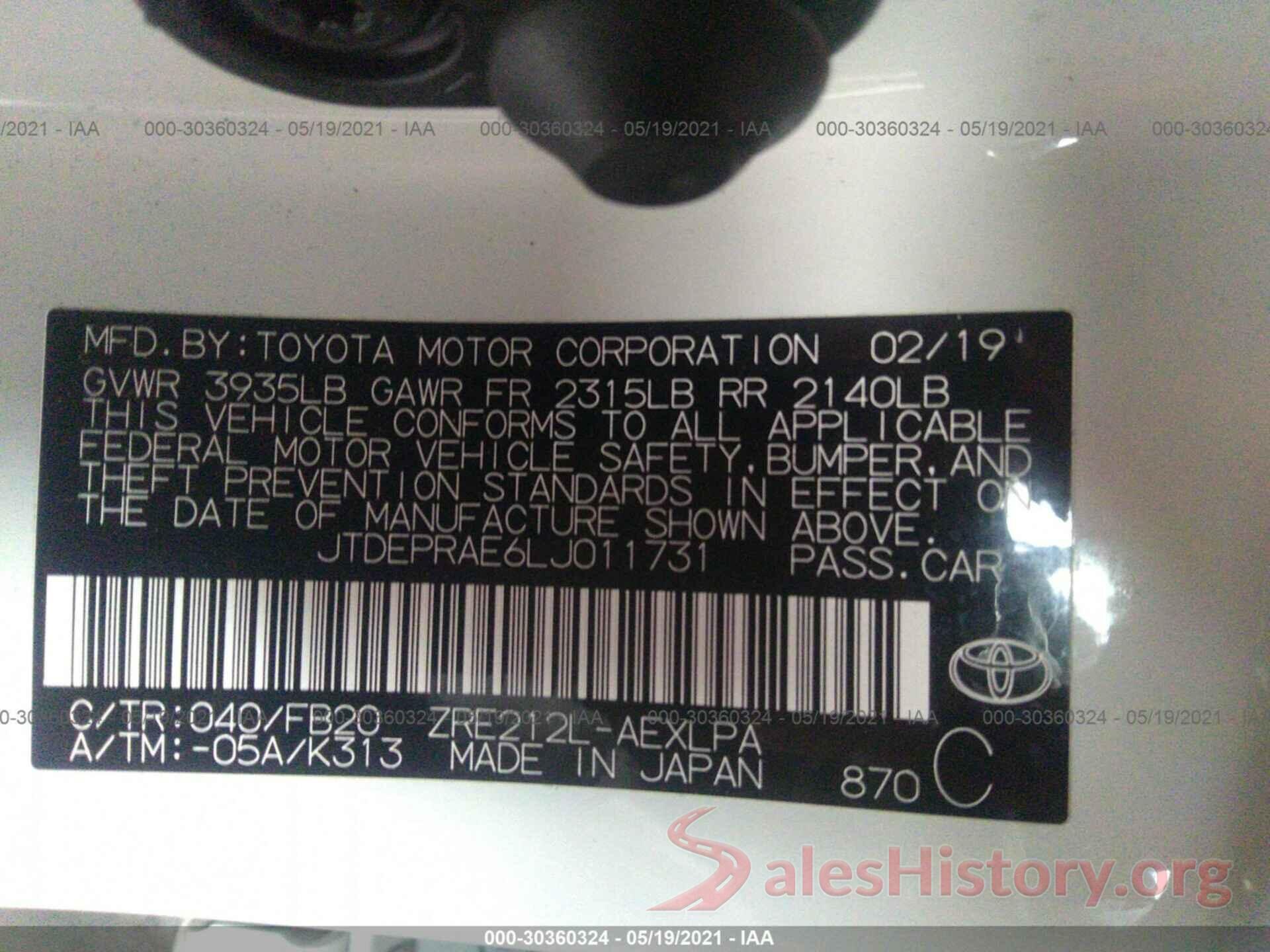 JTDEPRAE6LJ011731 2020 TOYOTA COROLLA