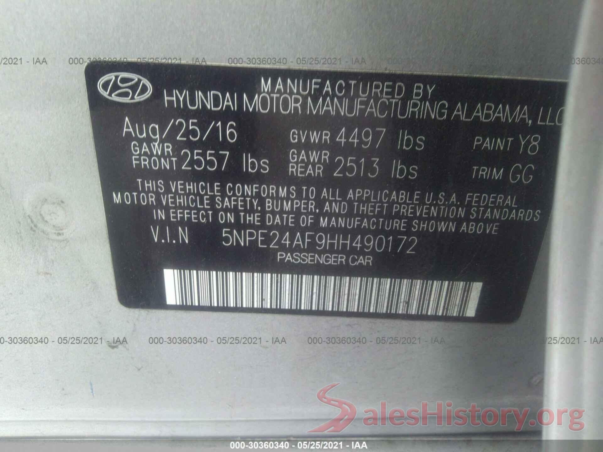 5NPE24AF9HH490172 2017 HYUNDAI SONATA