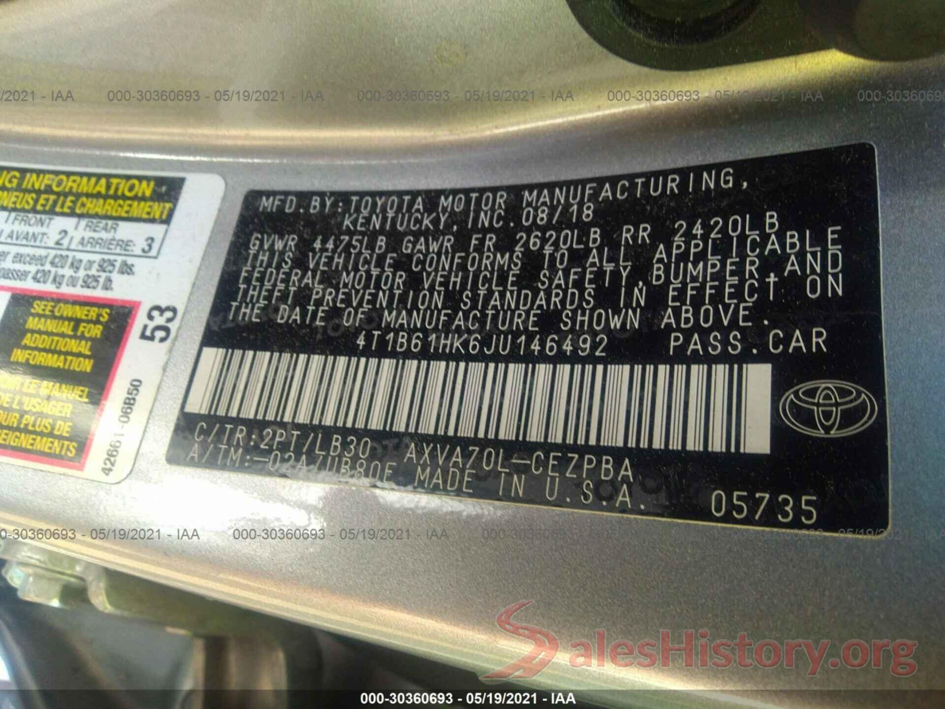 4T1B61HK6JU146492 2018 TOYOTA CAMRY