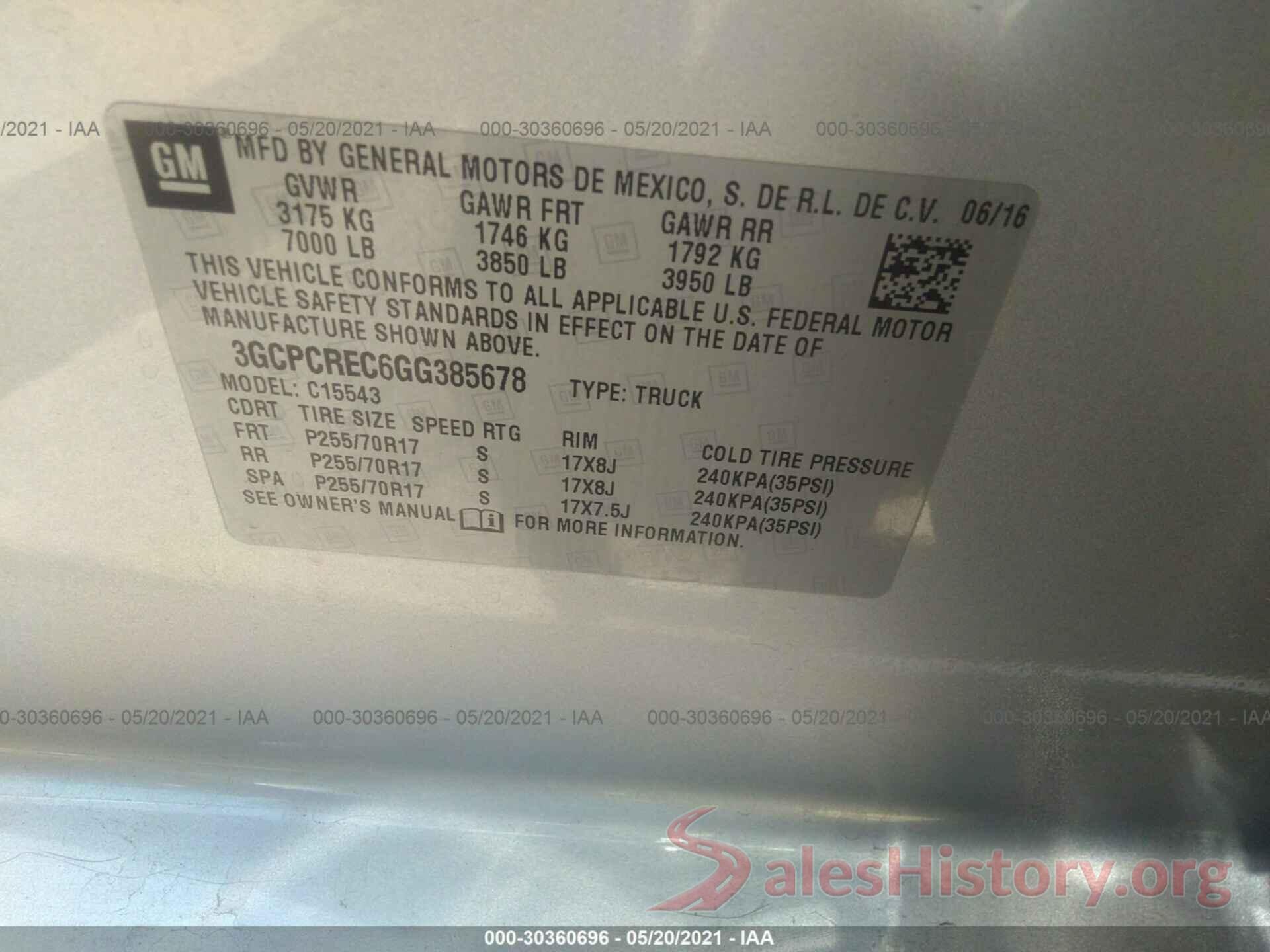 3GCPCREC6GG385678 2016 CHEVROLET SILVERADO 1500