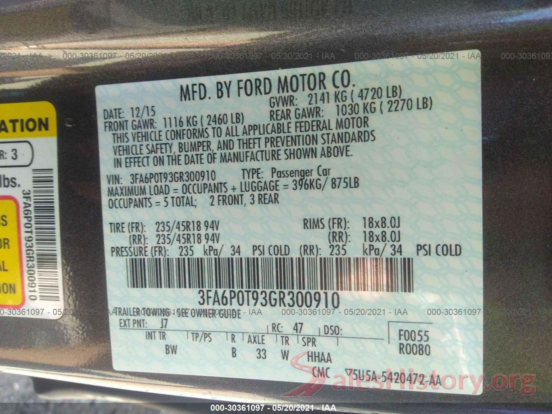 3FA6P0T93GR300910 2016 FORD FUSION