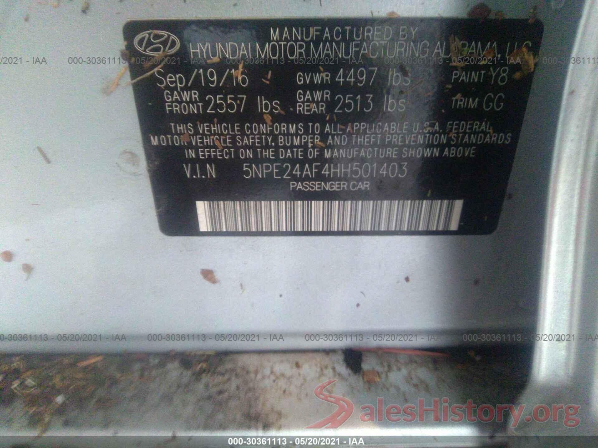 5NPE24AF4HH501403 2017 HYUNDAI SONATA