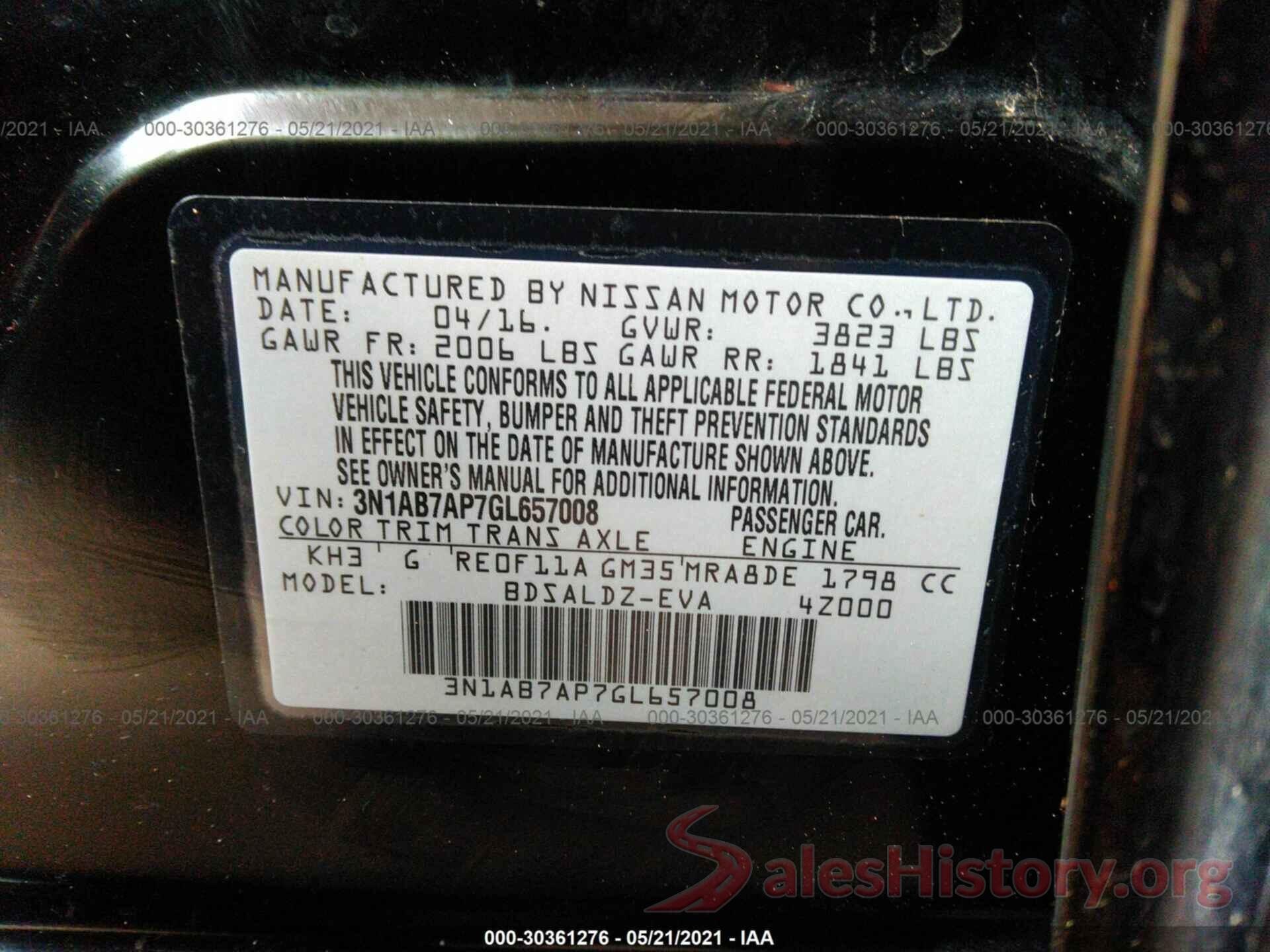 3N1AB7AP7GL657008 2016 NISSAN SENTRA