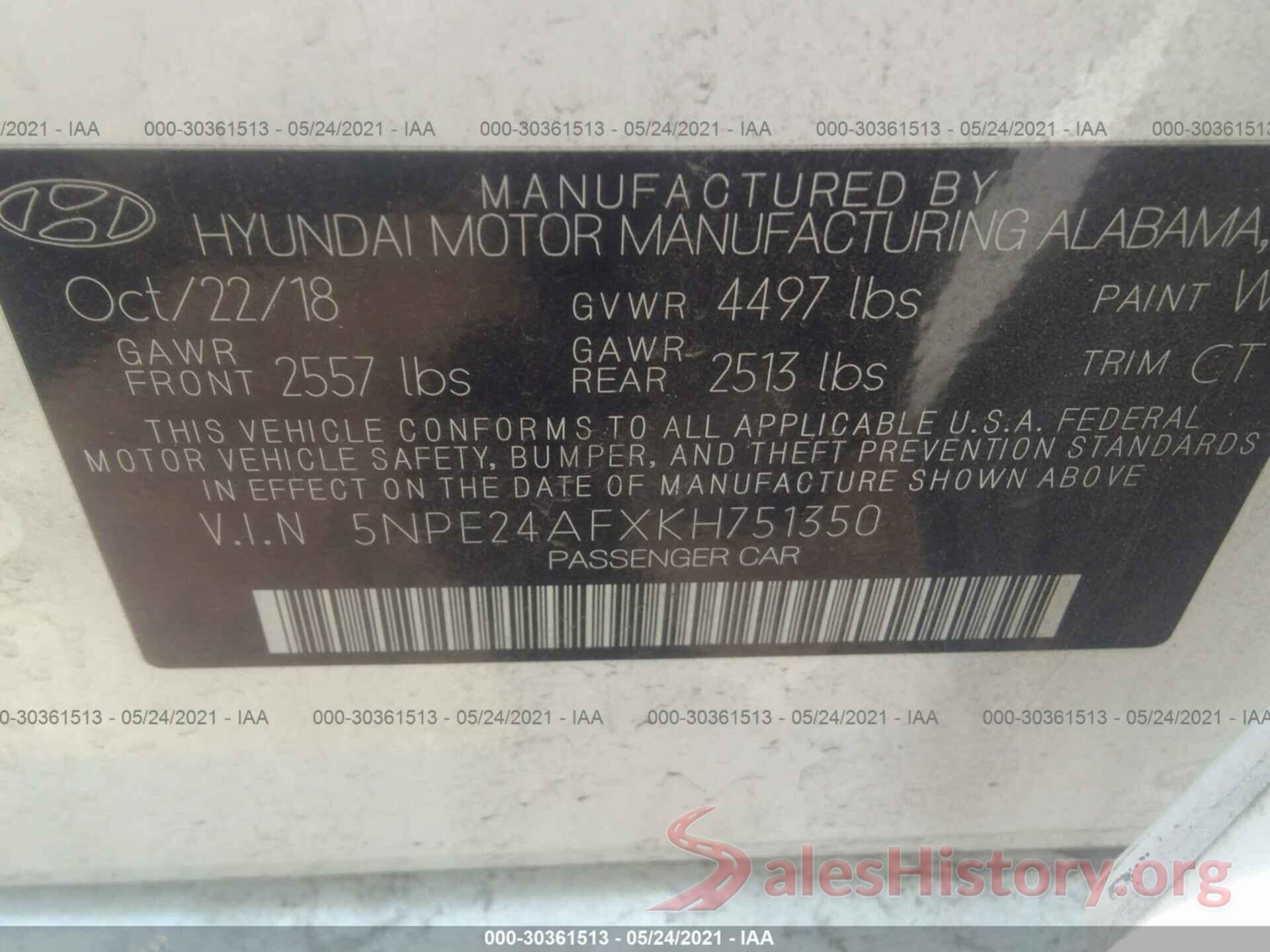 5NPE24AFXKH751350 2019 HYUNDAI SONATA