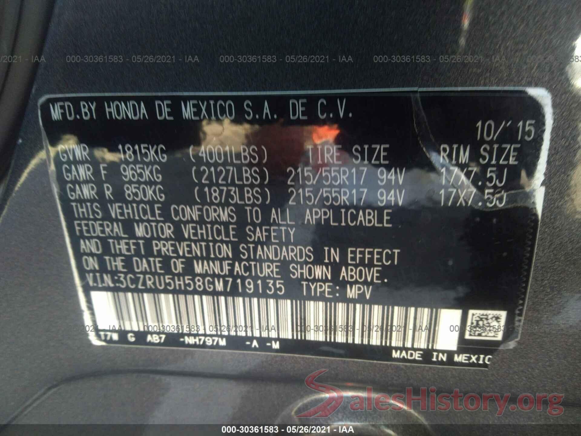 3CZRU5H58GM719135 2016 HONDA HR-V