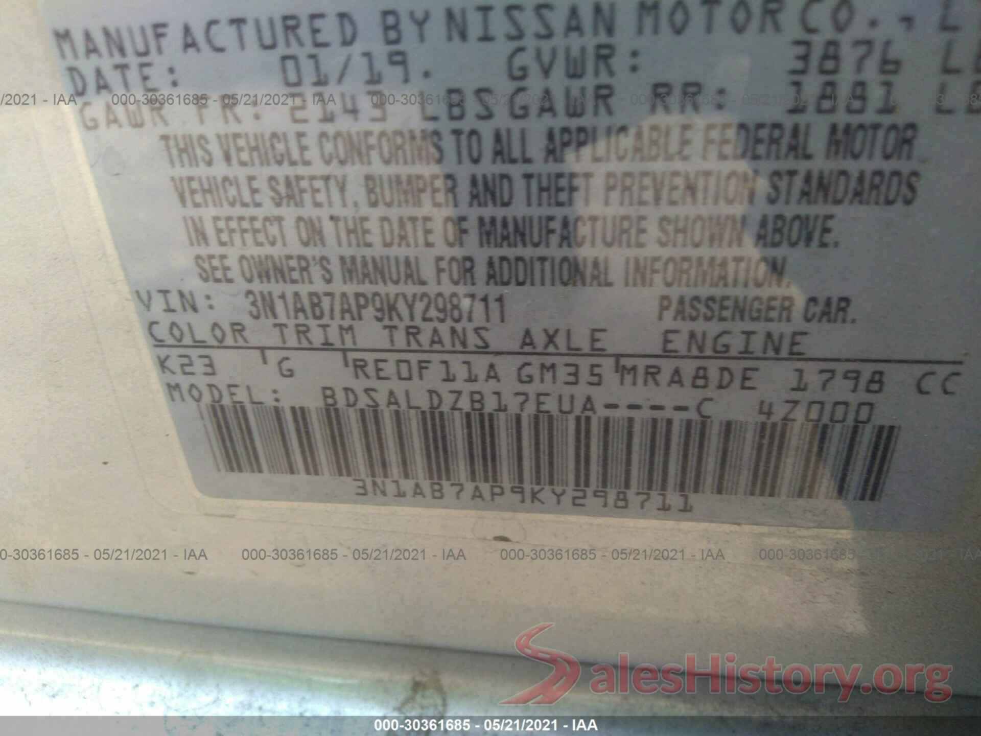 3N1AB7AP9KY298711 2019 NISSAN SENTRA