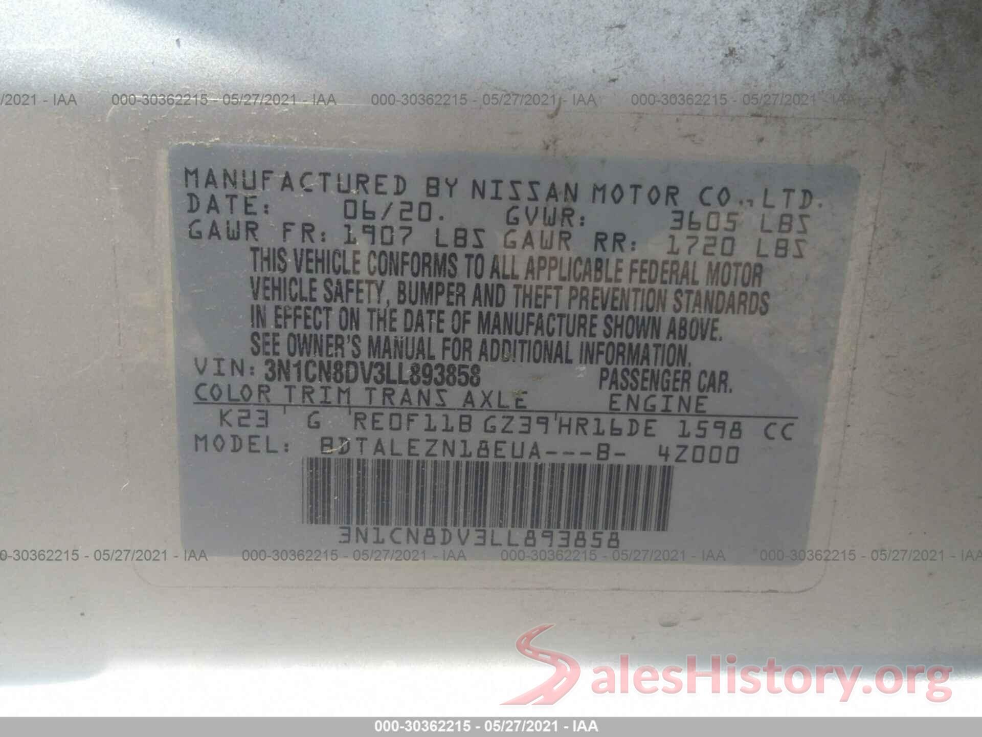 3N1CN8DV3LL893858 2020 NISSAN VERSA