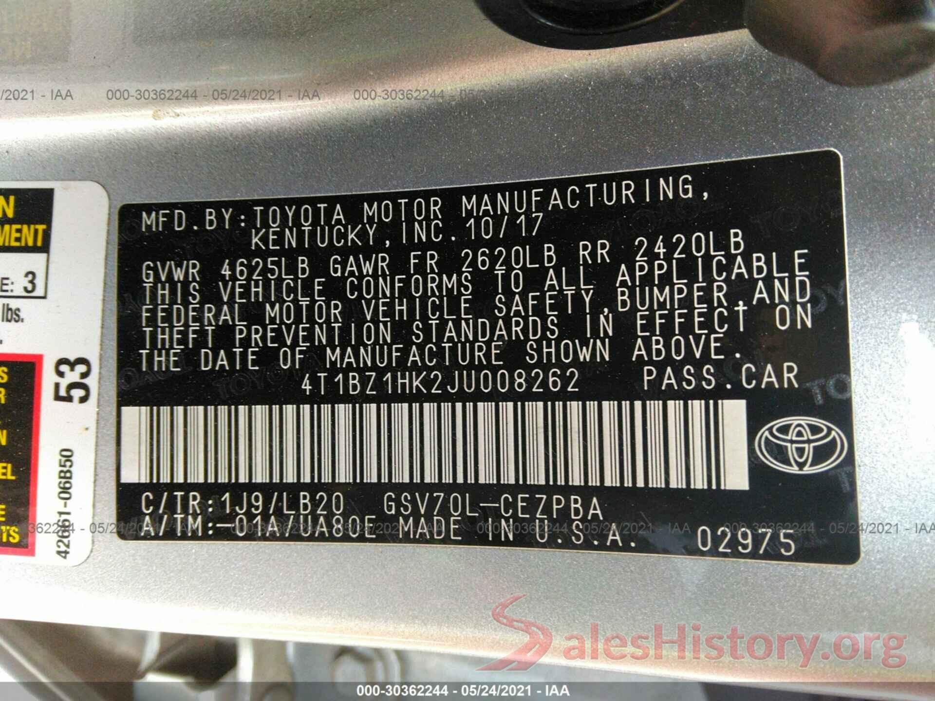 4T1BZ1HK2JU008262 2018 TOYOTA CAMRY