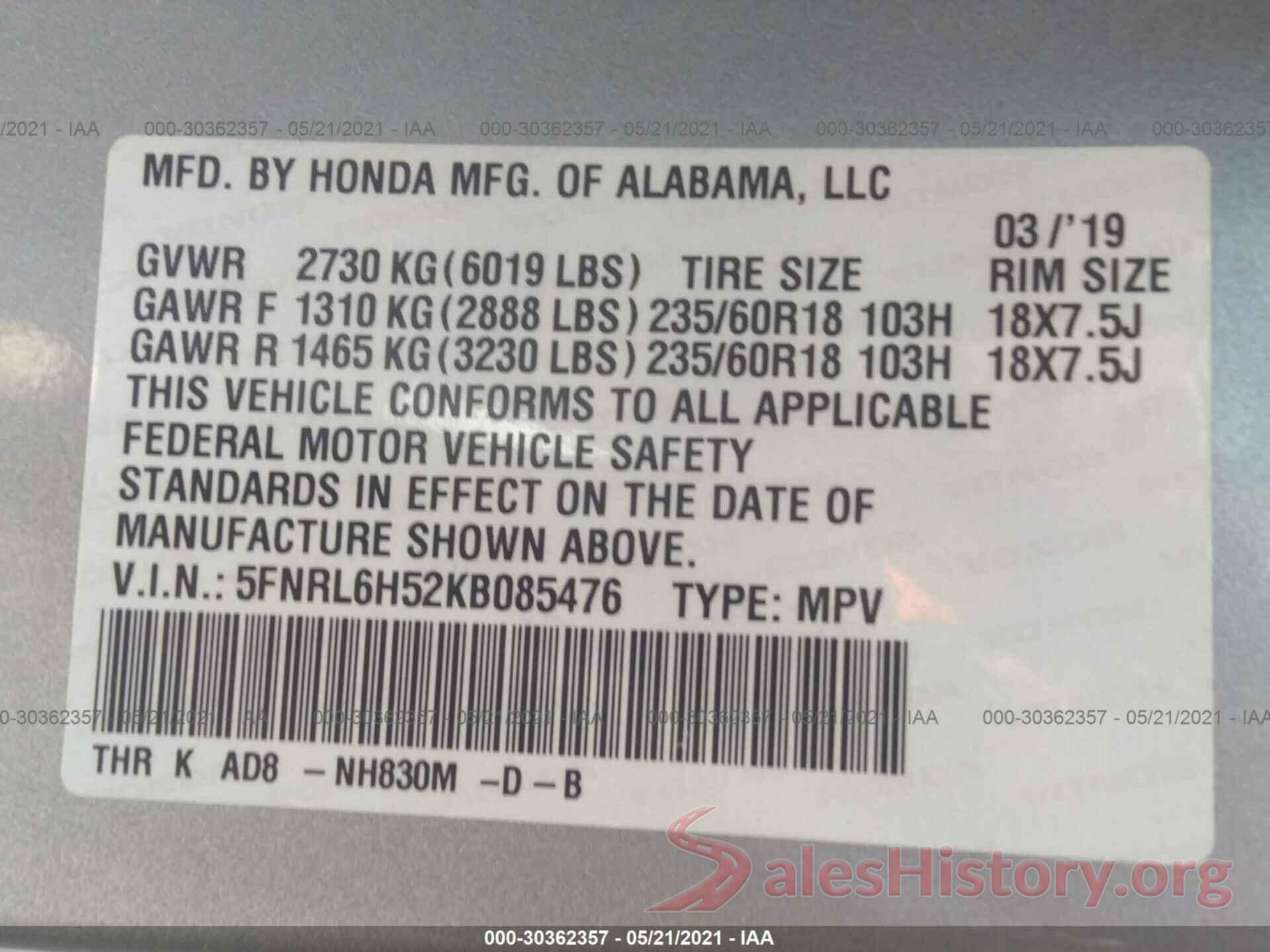 5FNRL6H52KB085476 2019 HONDA ODYSSEY