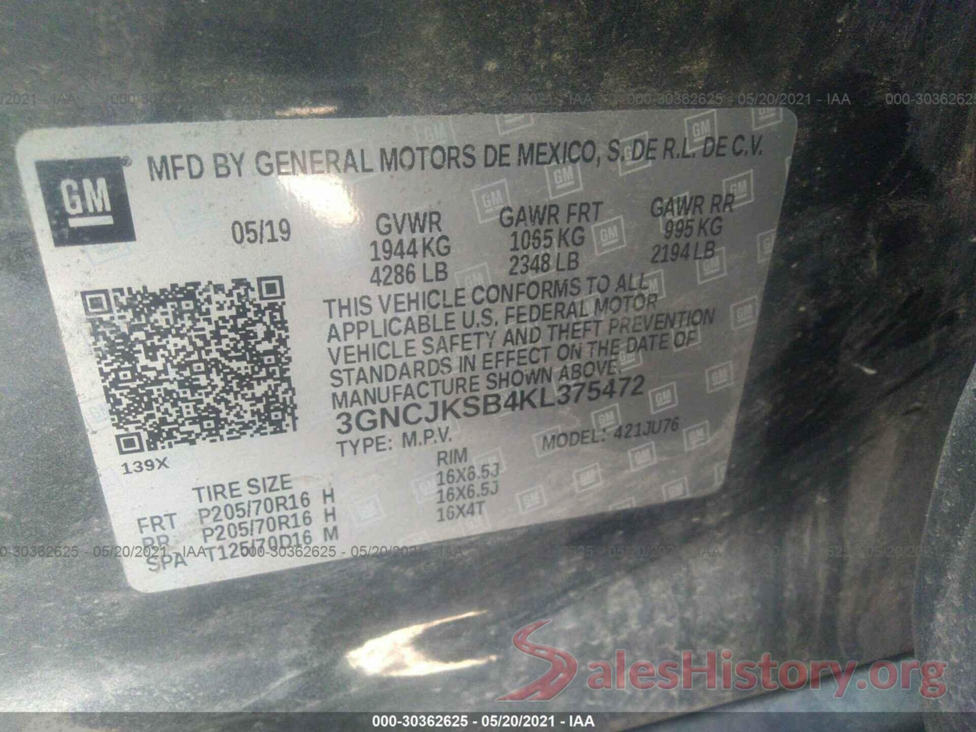 3GNCJKSB4KL375472 2019 CHEVROLET TRAX