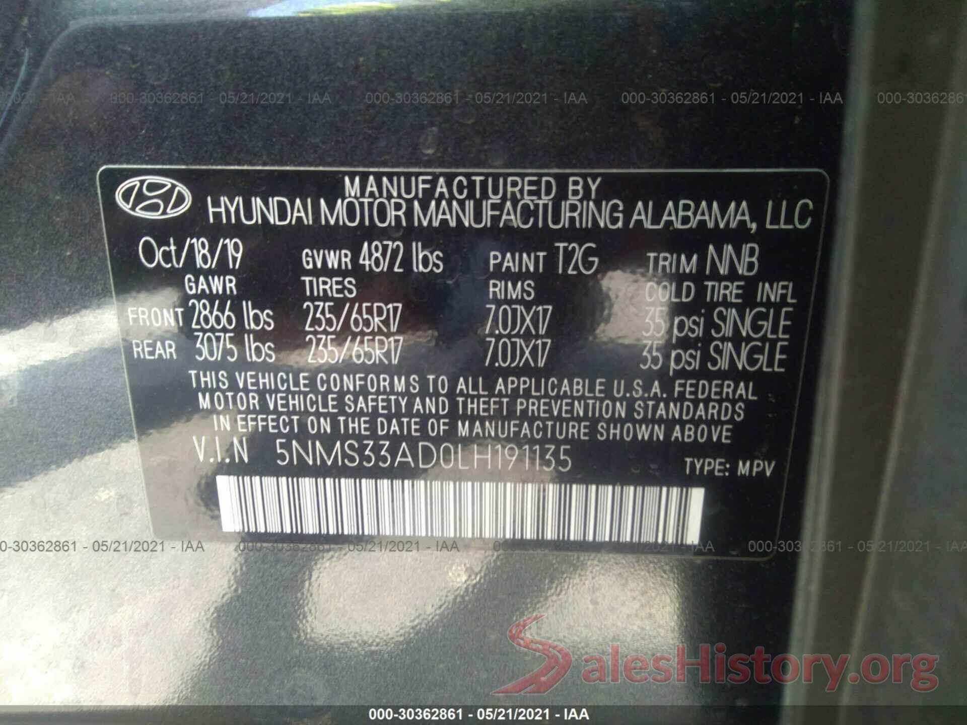 5NMS33AD0LH191135 2020 HYUNDAI SANTA FE