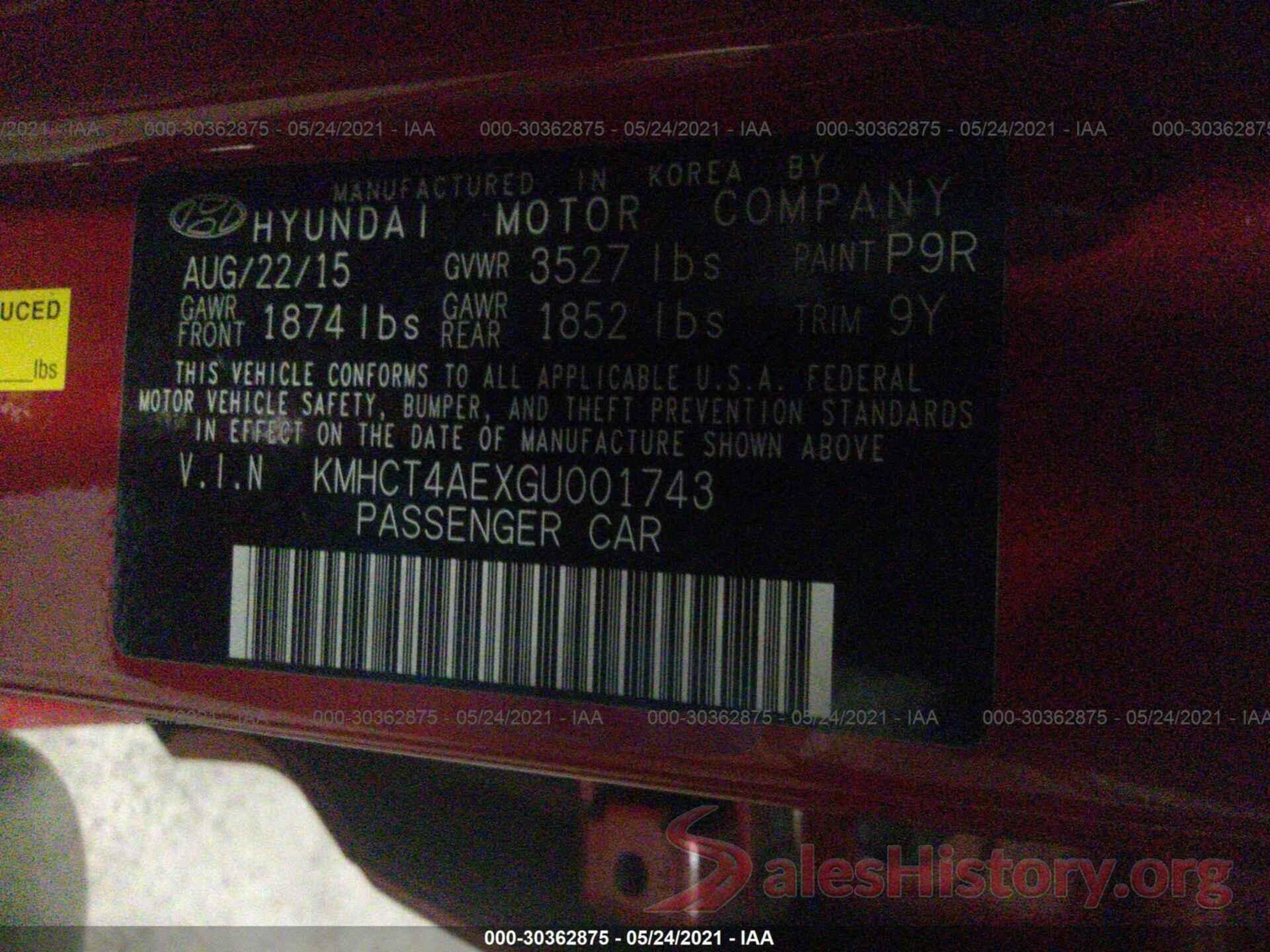 KMHCT4AEXGU001743 2016 HYUNDAI ACCENT