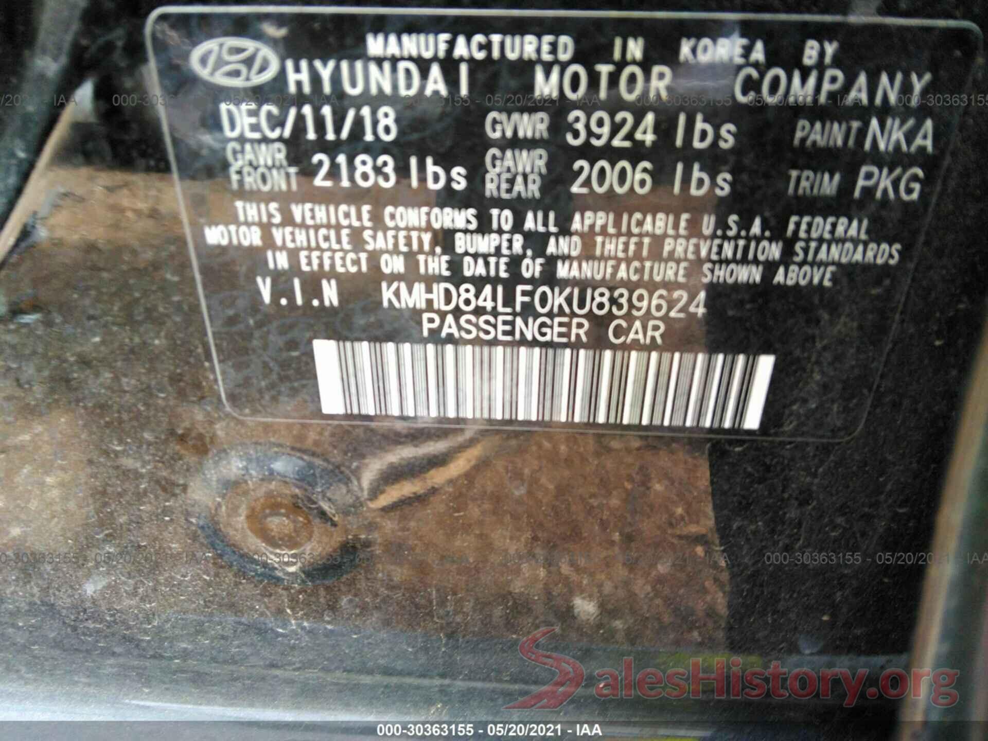 KMHD84LF0KU839624 2019 HYUNDAI ELANTRA