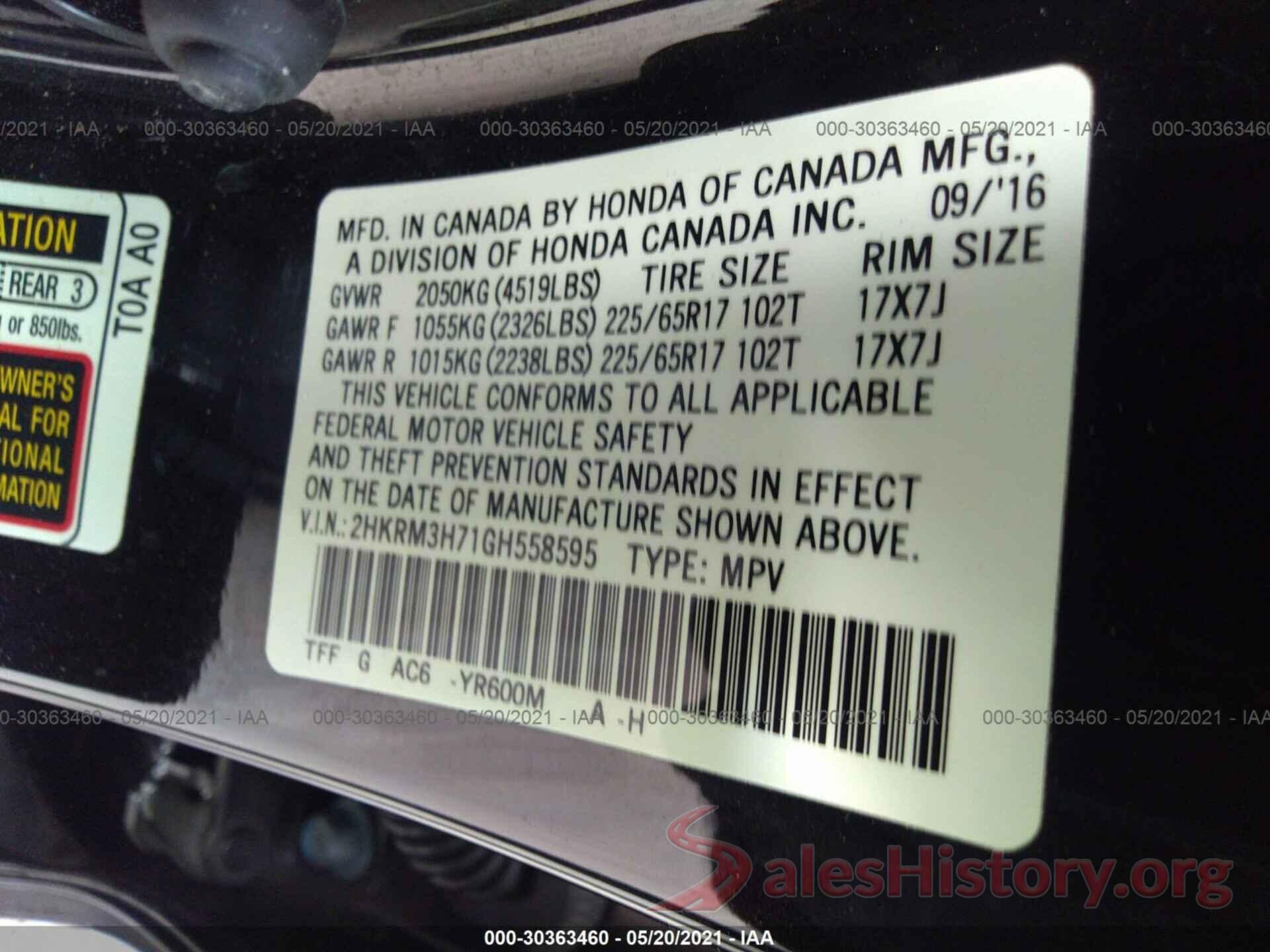 2HKRM3H71GH558595 2016 HONDA CR-V