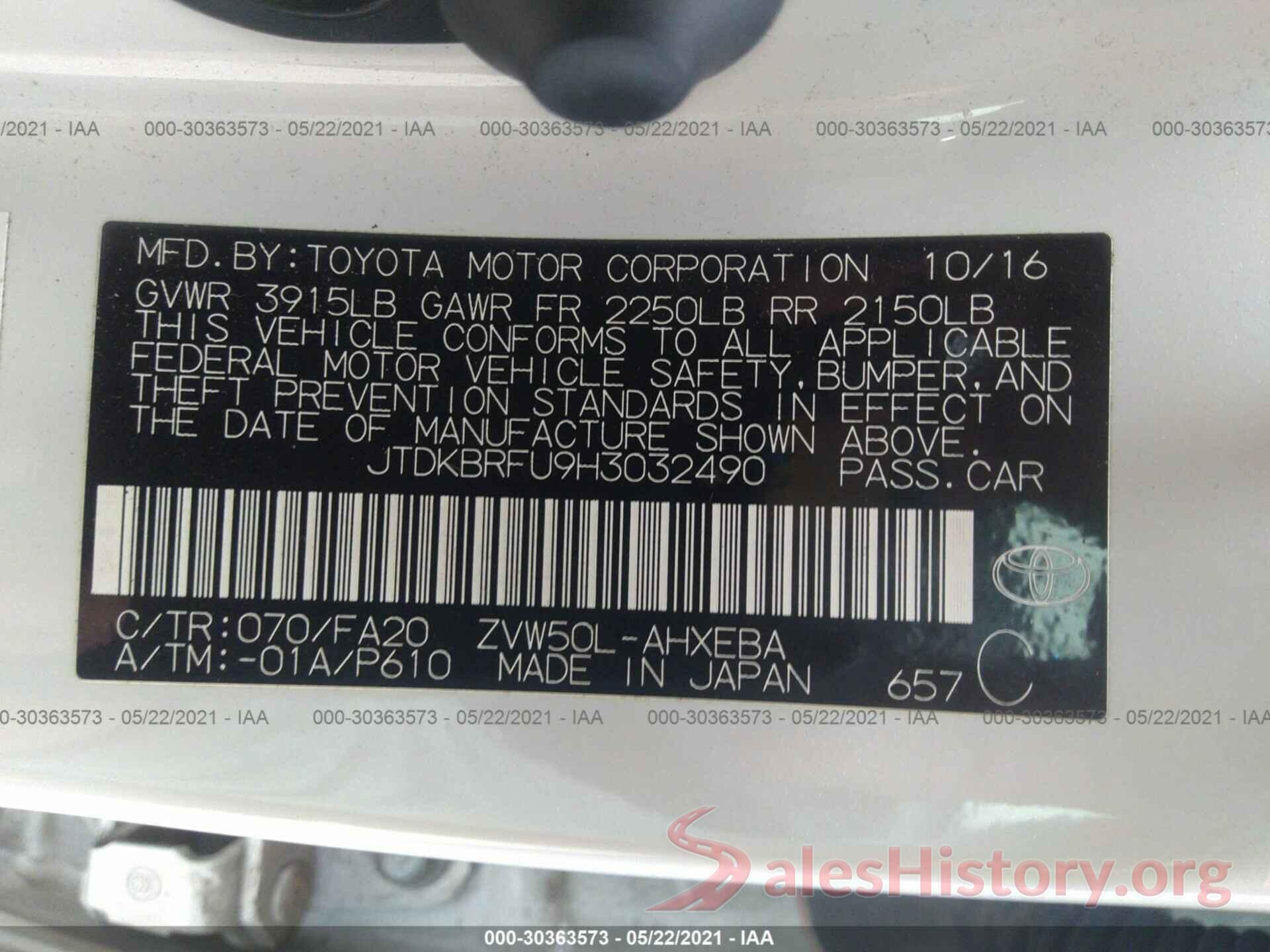 JTDKBRFU9H3032490 2017 TOYOTA PRIUS