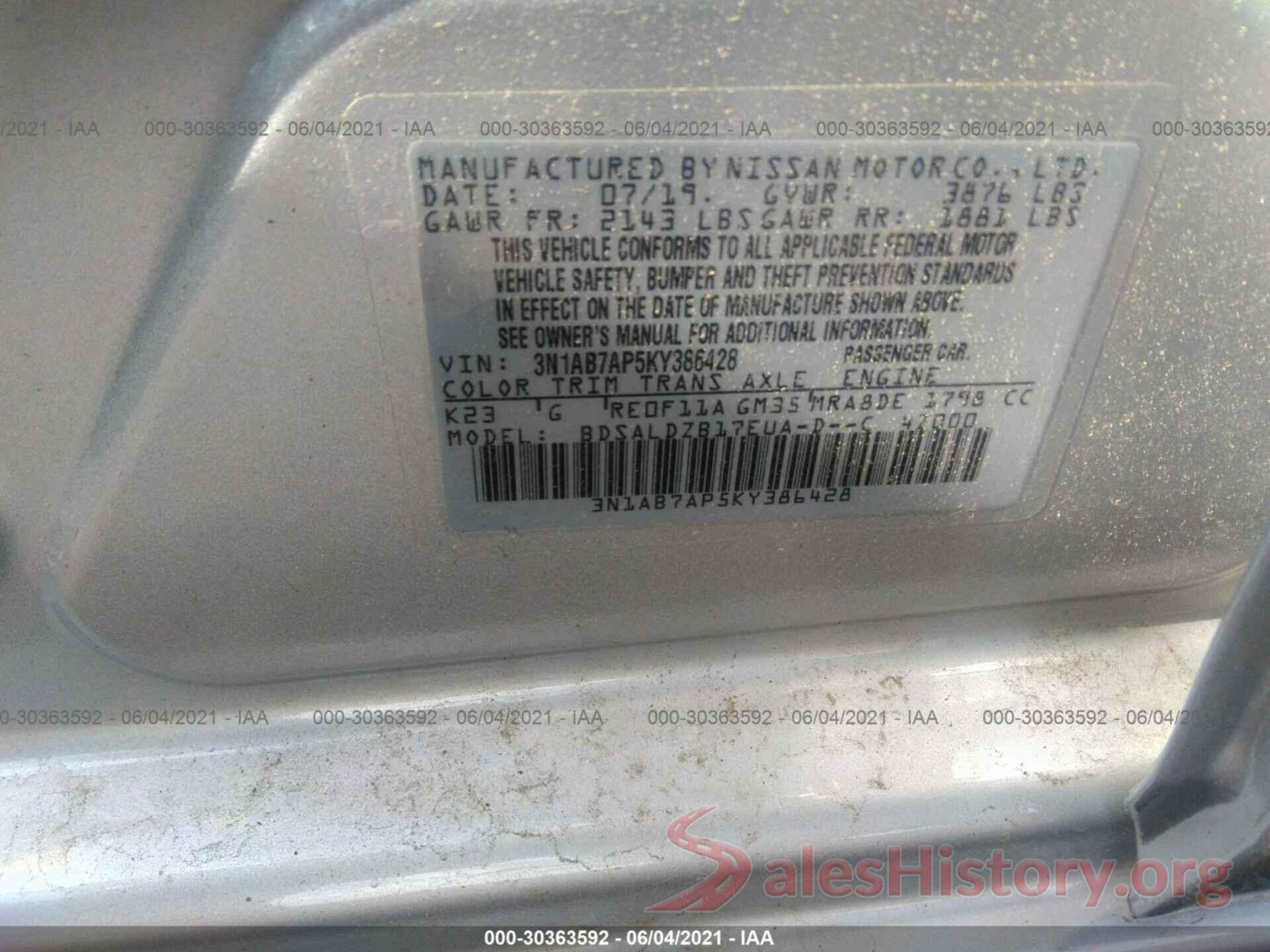 3N1AB7AP5KY386428 2019 NISSAN SENTRA