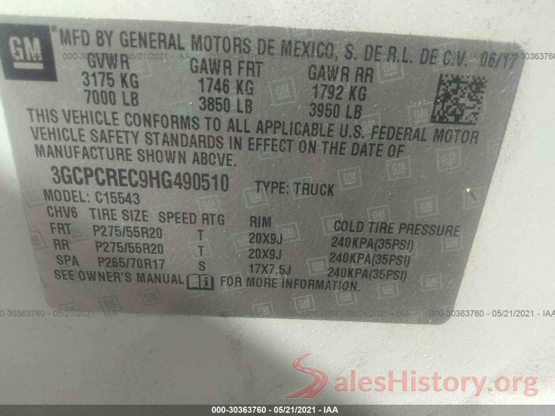 3GCPCREC9HG490510 2017 CHEVROLET SILVERADO 1500