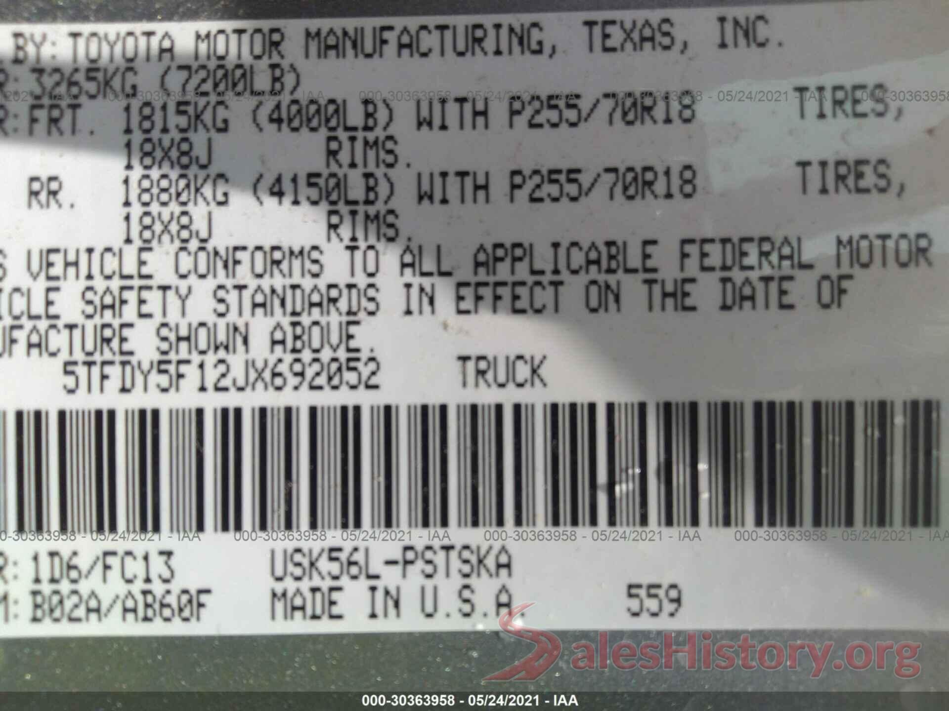 5TFDY5F12JX692052 2018 TOYOTA TUNDRA 4WD