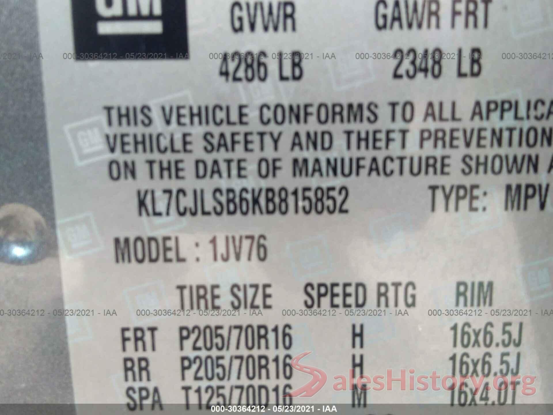 KL7CJLSB6KB815852 2019 CHEVROLET TRAX