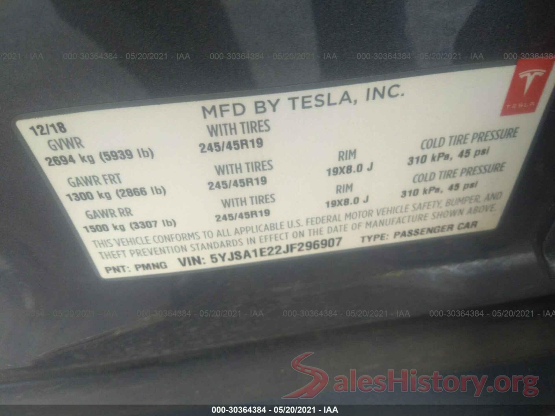 5YJSA1E22JF296907 2018 TESLA MODEL S