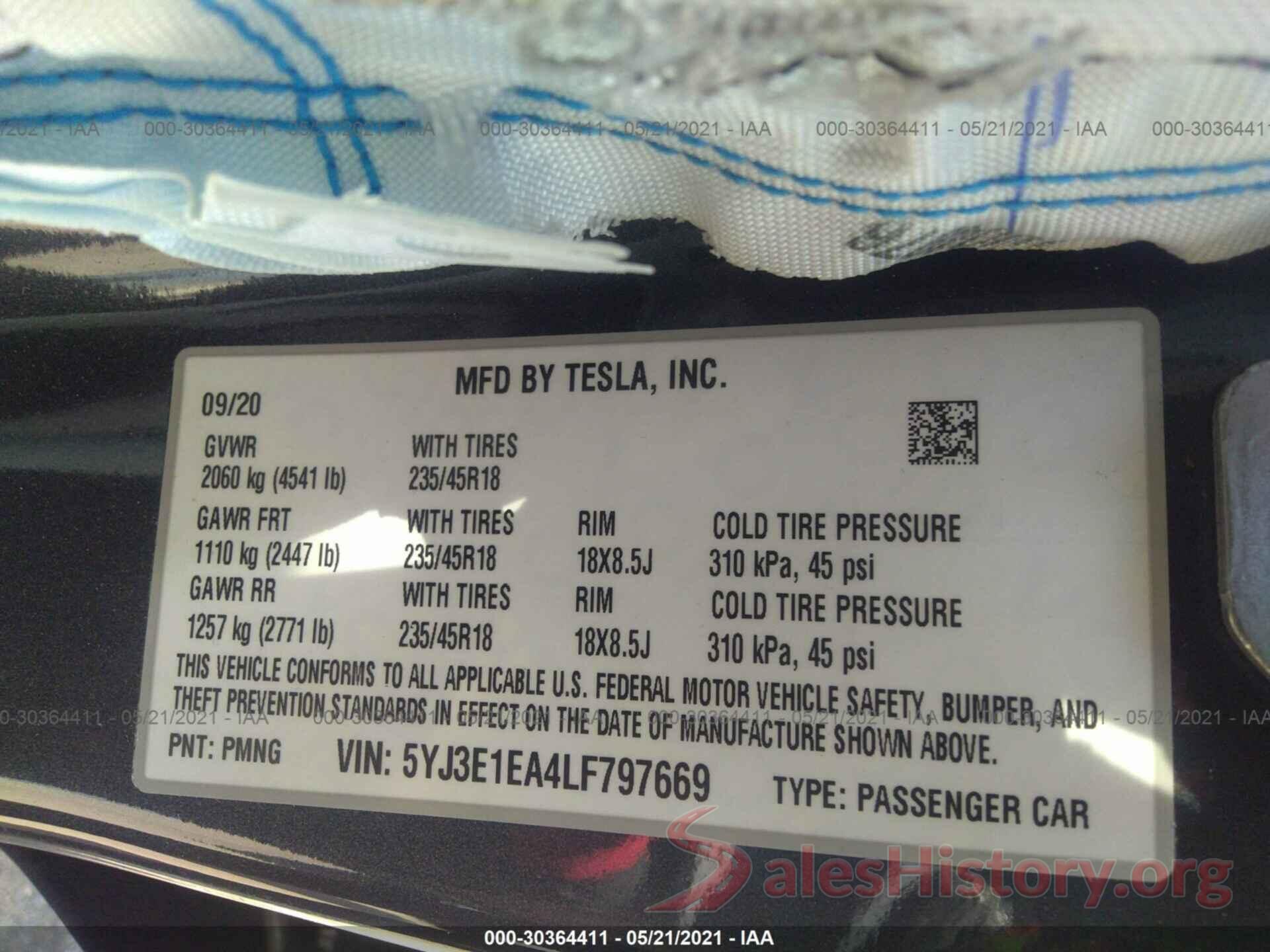 5YJ3E1EA4LF797669 2020 TESLA MODEL 3