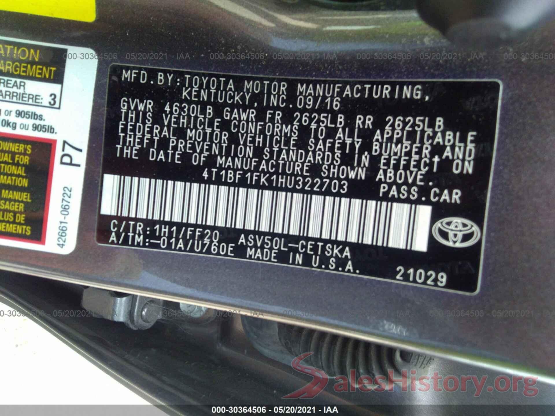 4T1BF1FK1HU322703 2017 TOYOTA CAMRY