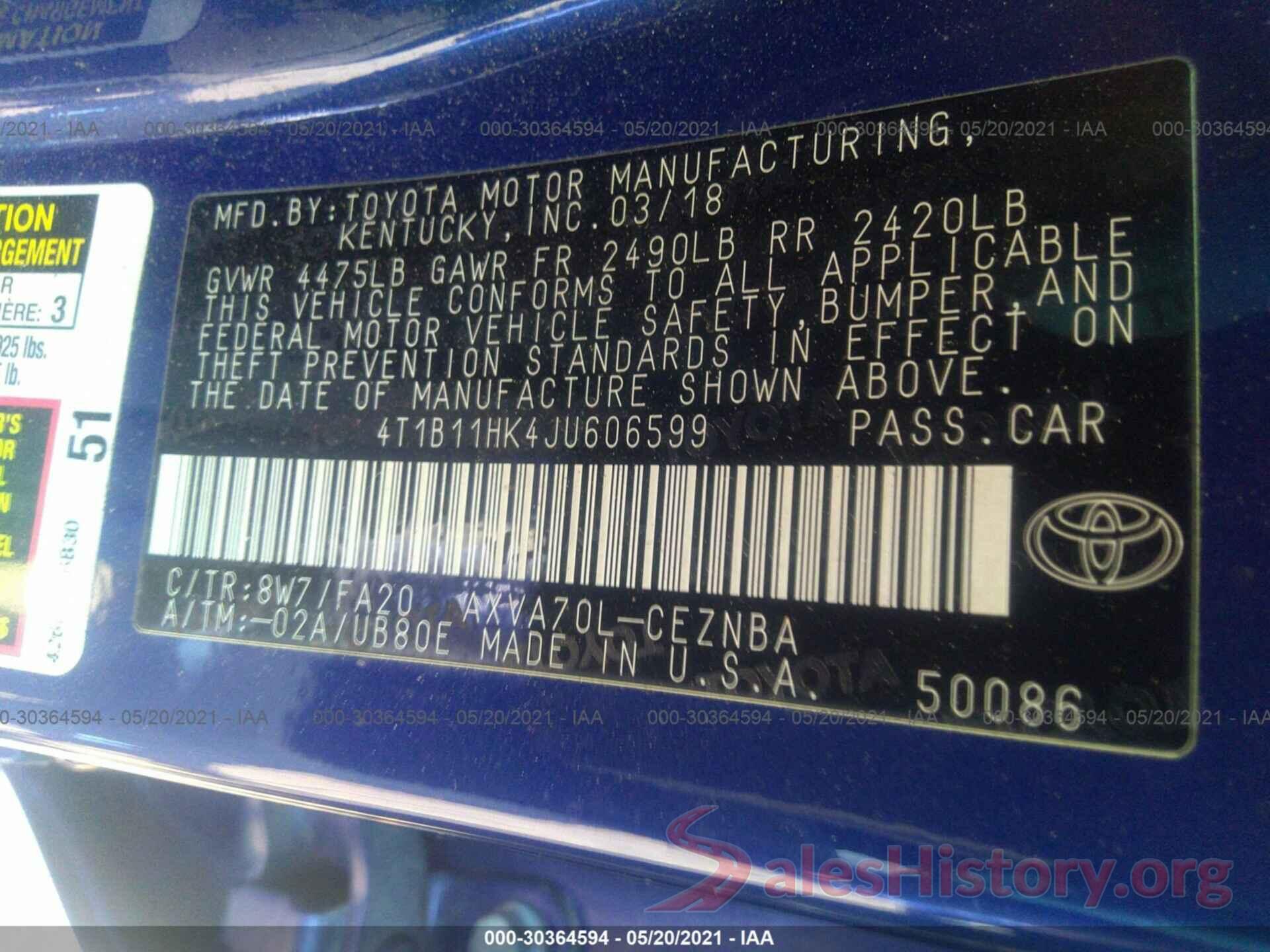 4T1B11HK4JU606599 2018 TOYOTA CAMRY