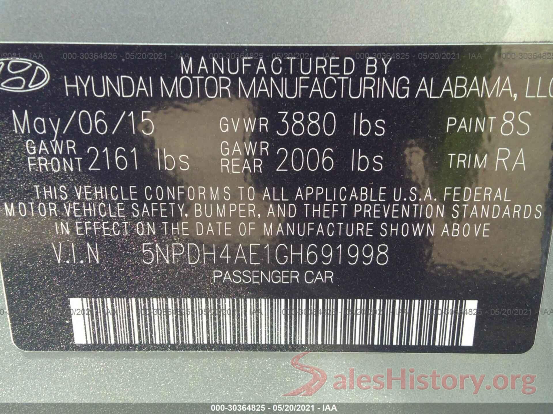 5NPDH4AE1GH691998 2016 HYUNDAI ELANTRA