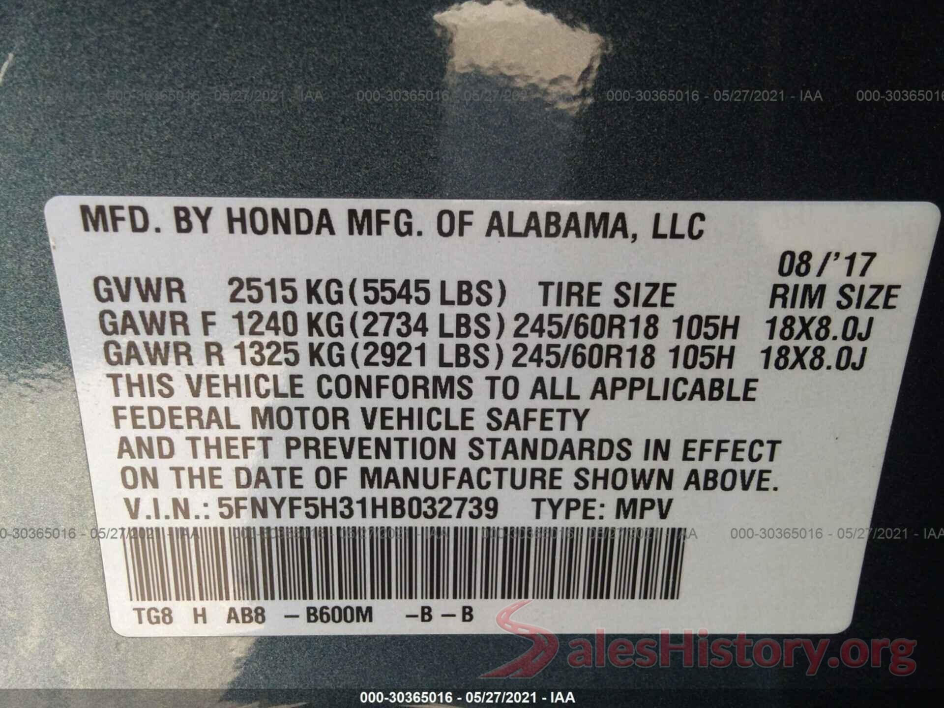 5FNYF5H31HB032739 2017 HONDA PILOT