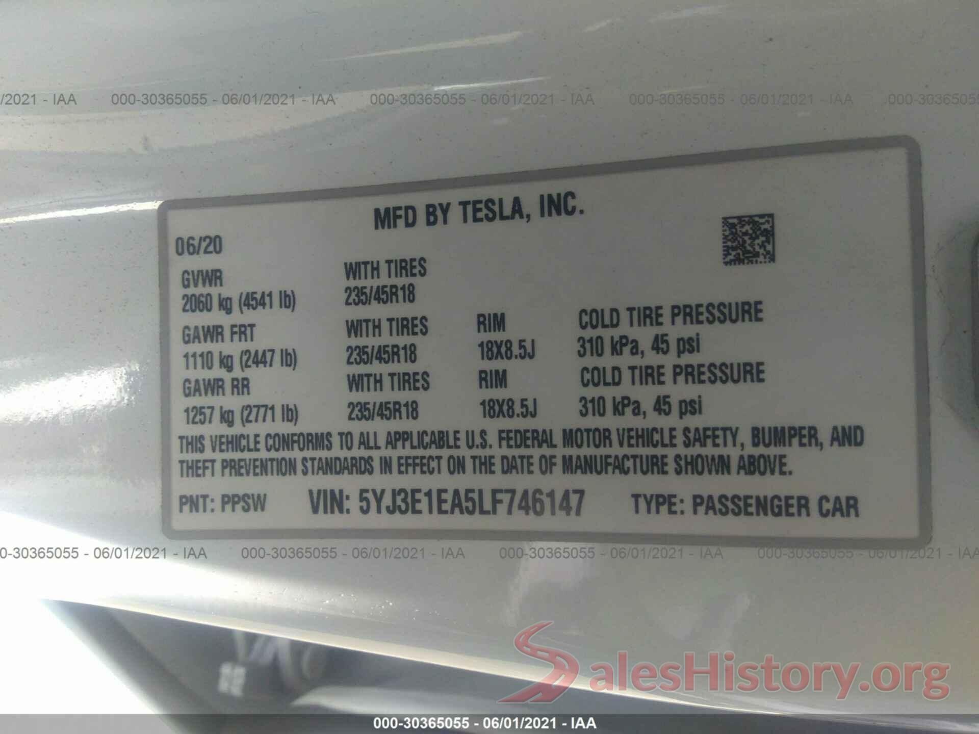 5YJ3E1EA5LF746147 2020 TESLA MODEL 3