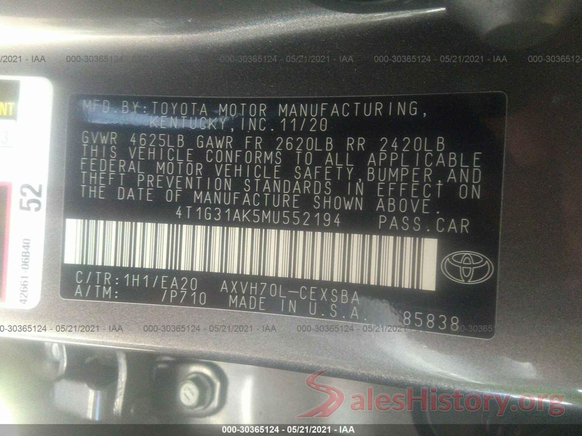 4T1G31AK5MU552194 2021 TOYOTA CAMRY