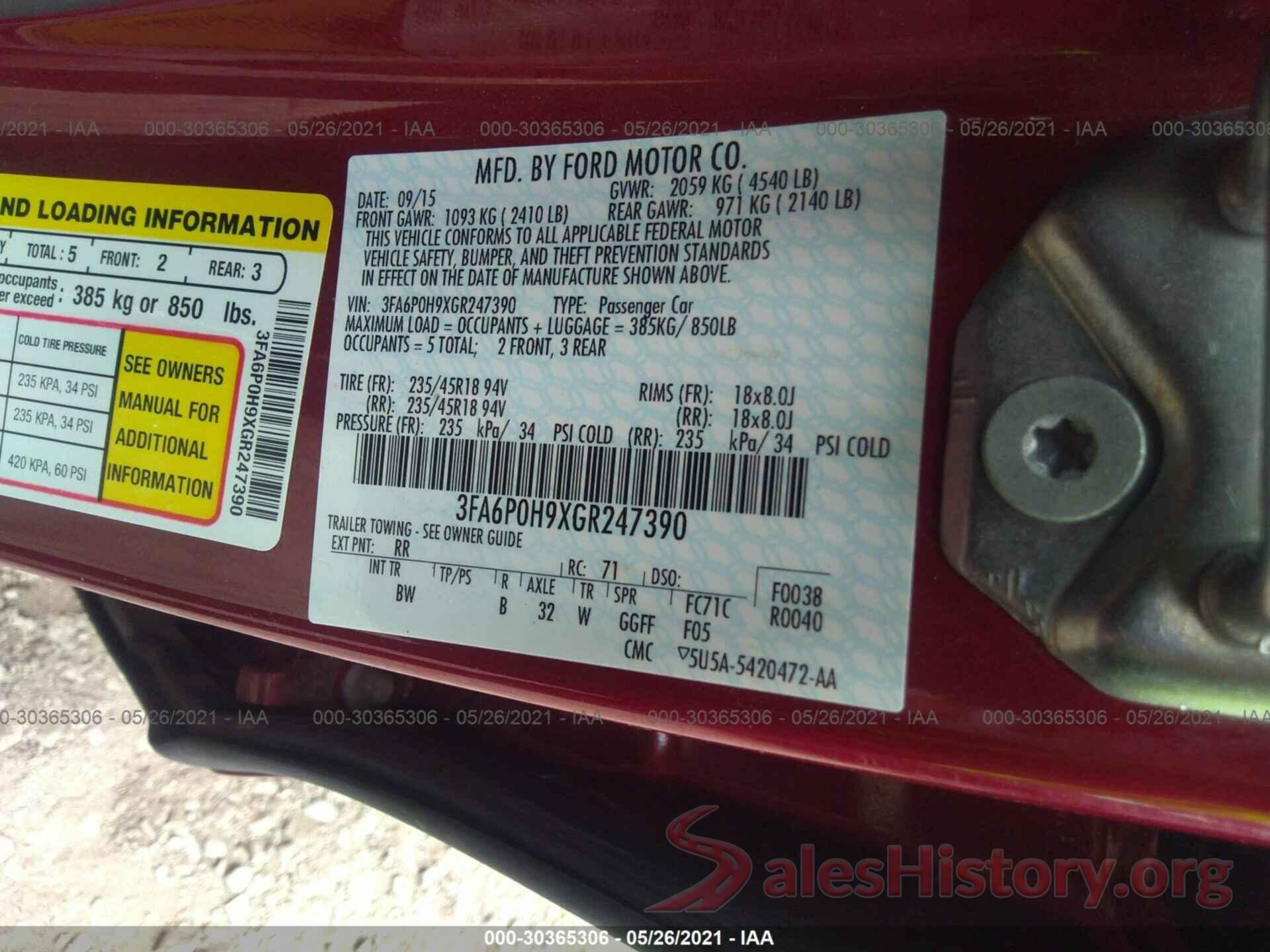 3FA6P0H9XGR247390 2016 FORD FUSION