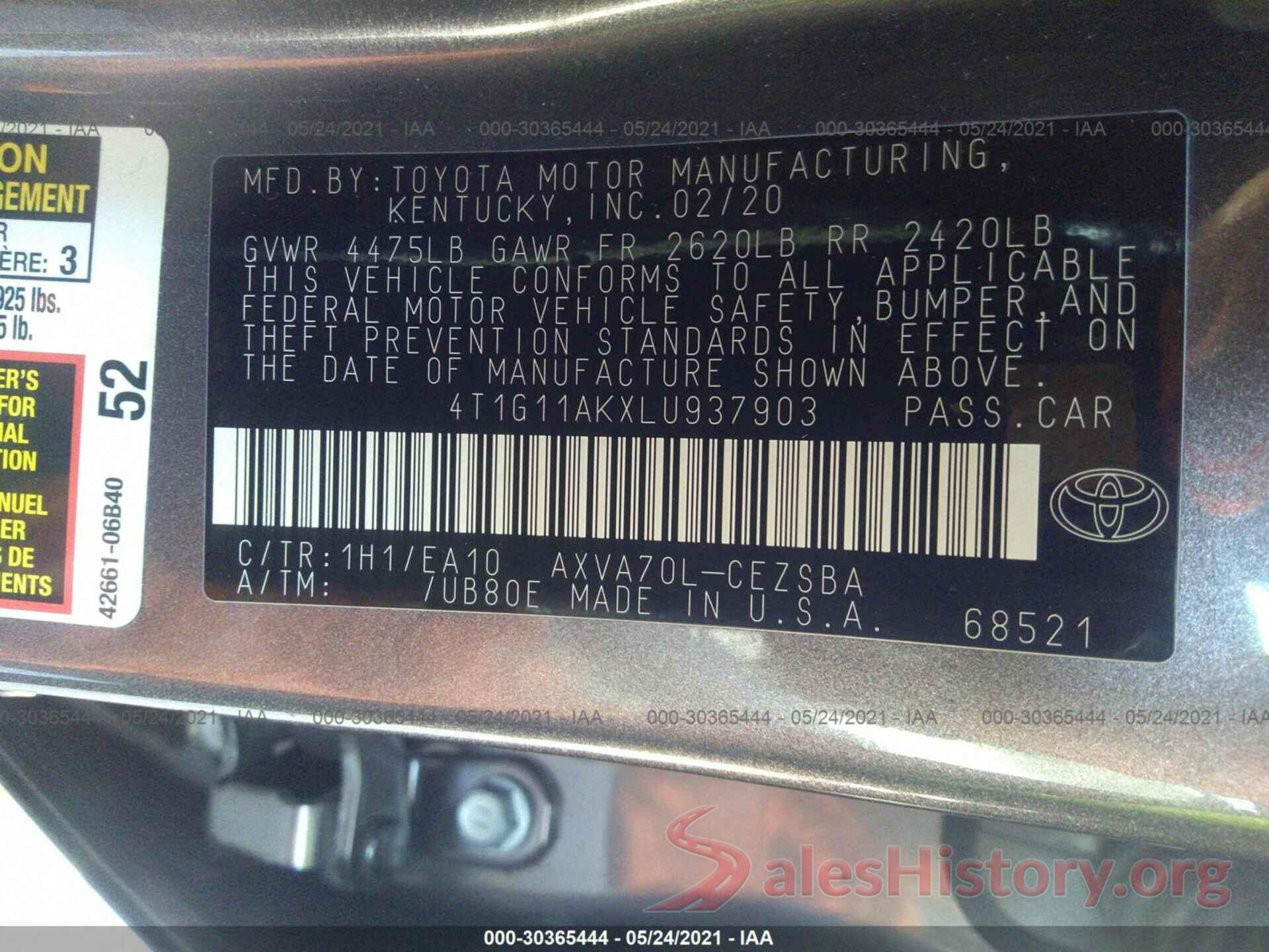 4T1G11AKXLU937903 2020 TOYOTA CAMRY