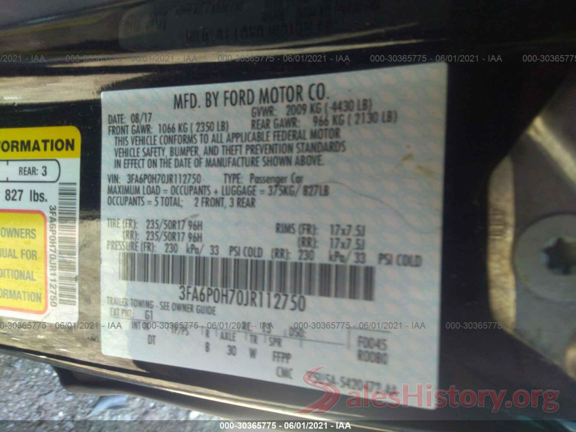 3FA6P0H70JR112750 2018 FORD FUSION