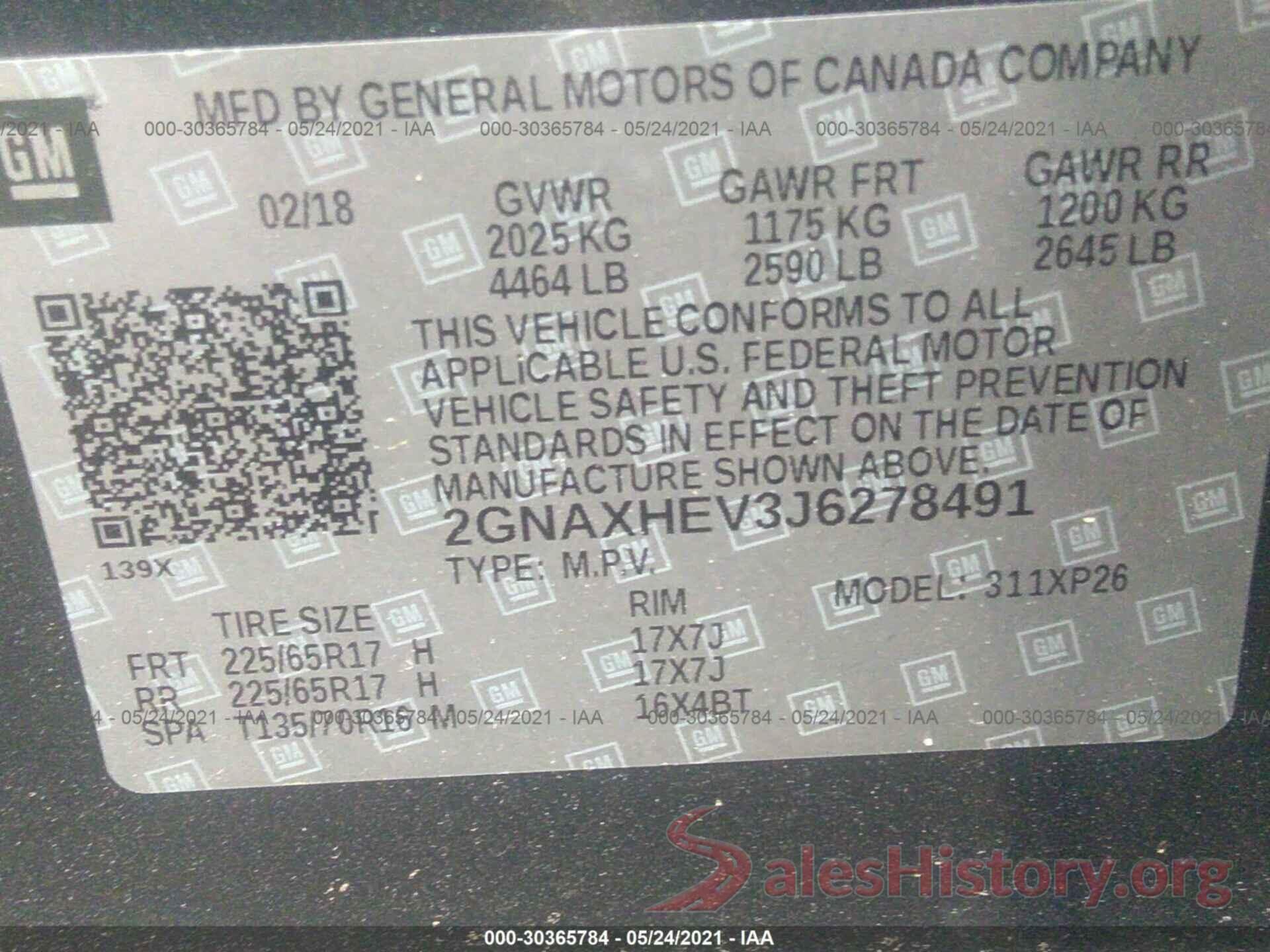 2GNAXHEV3J6278491 2018 CHEVROLET EQUINOX