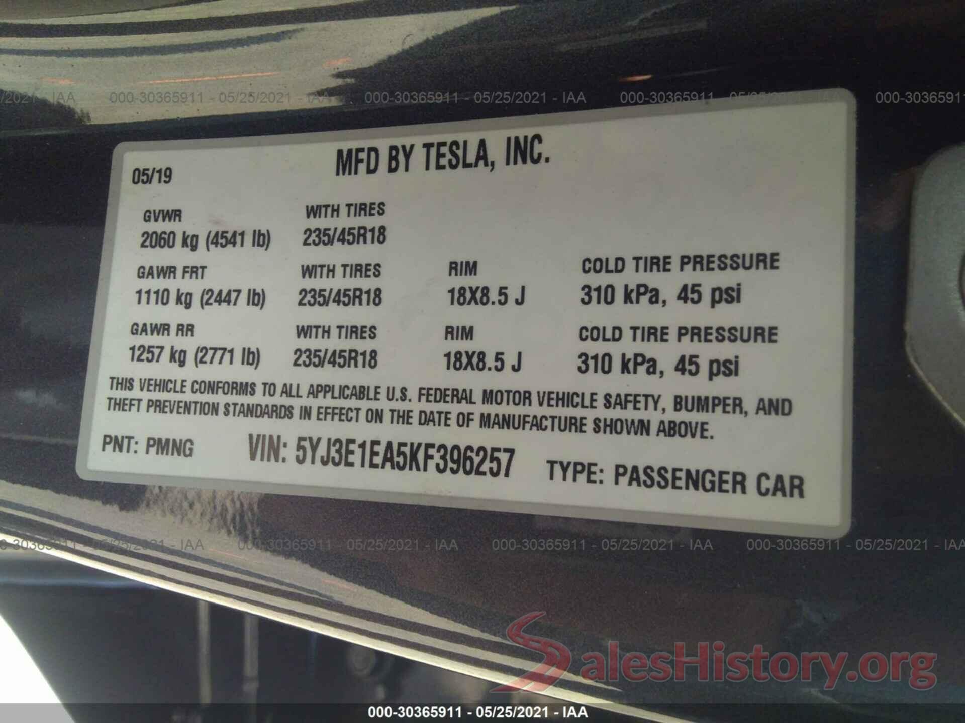 5YJ3E1EA5KF396257 2019 TESLA MODEL 3