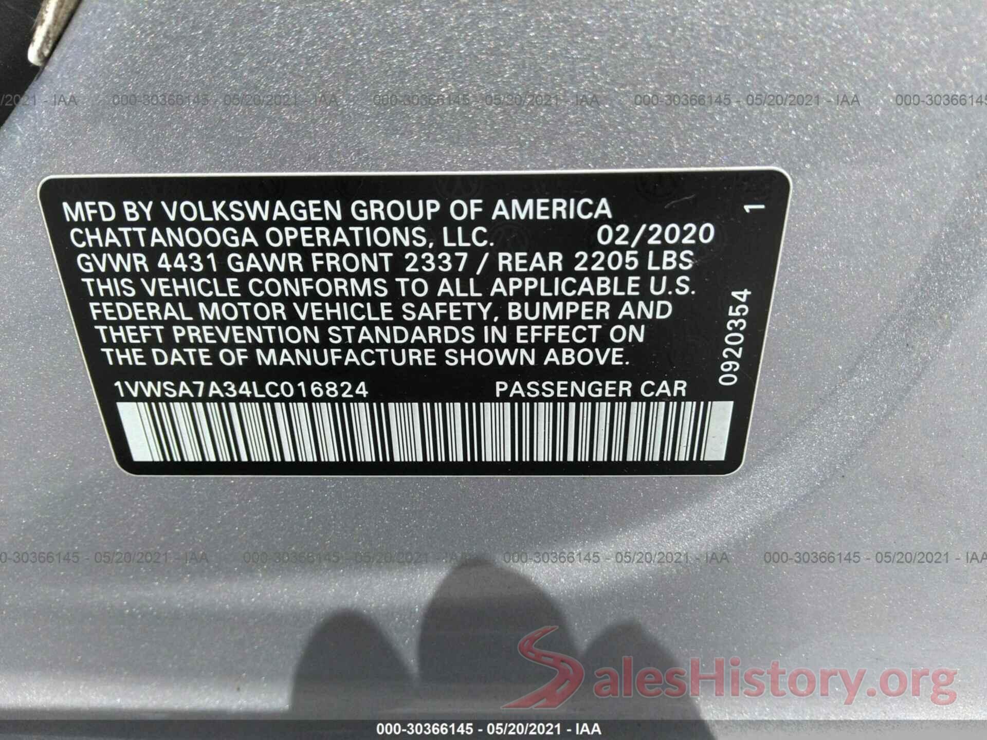 1VWSA7A34LC016824 2020 VOLKSWAGEN PASSAT