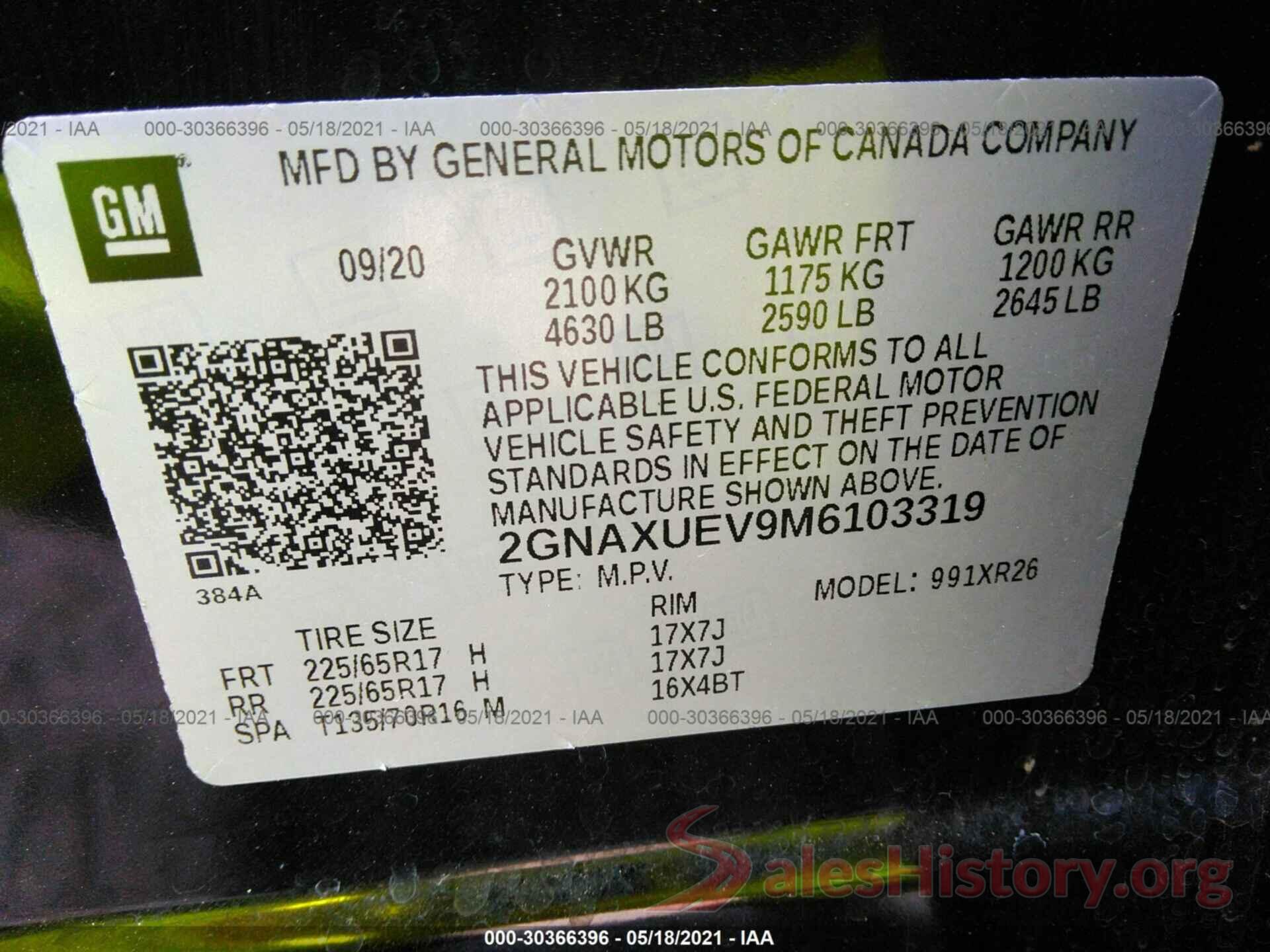 2GNAXUEV9M6103319 2021 CHEVROLET EQUINOX