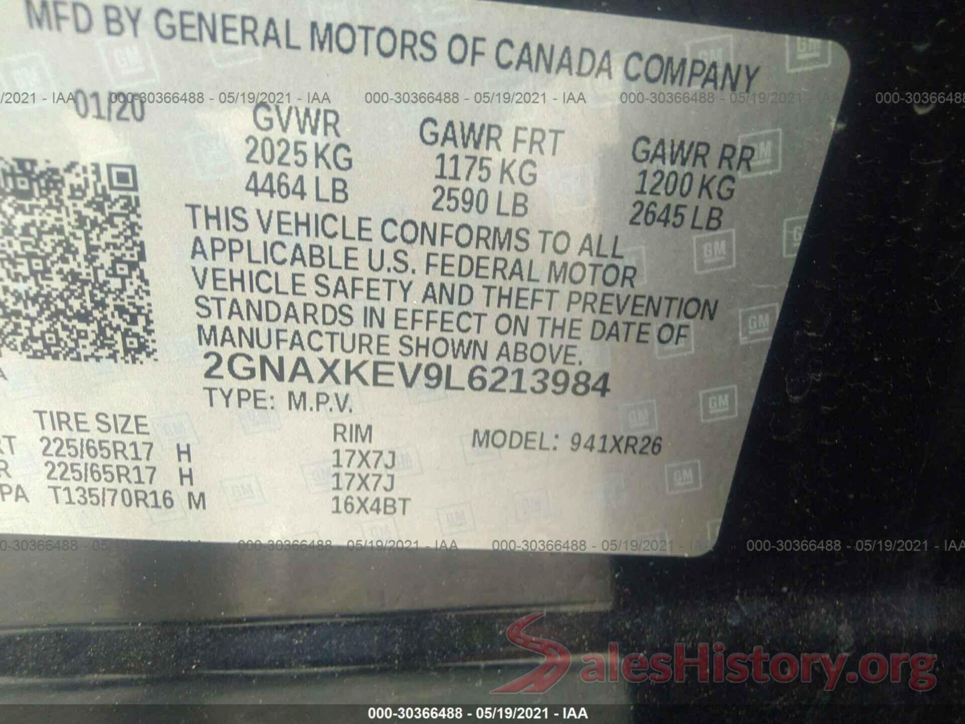 2GNAXKEV9L6213984 2020 CHEVROLET EQUINOX