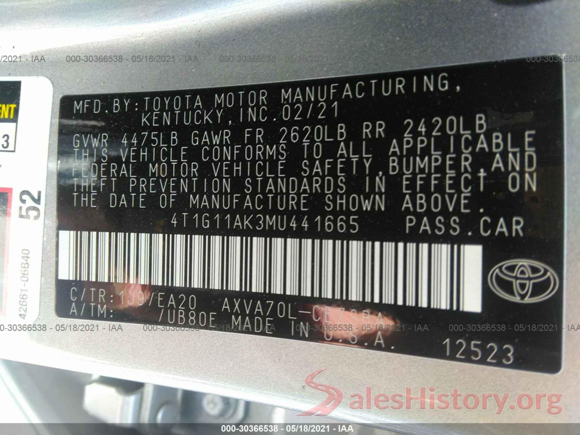 4T1G11AK3MU441665 2021 TOYOTA CAMRY