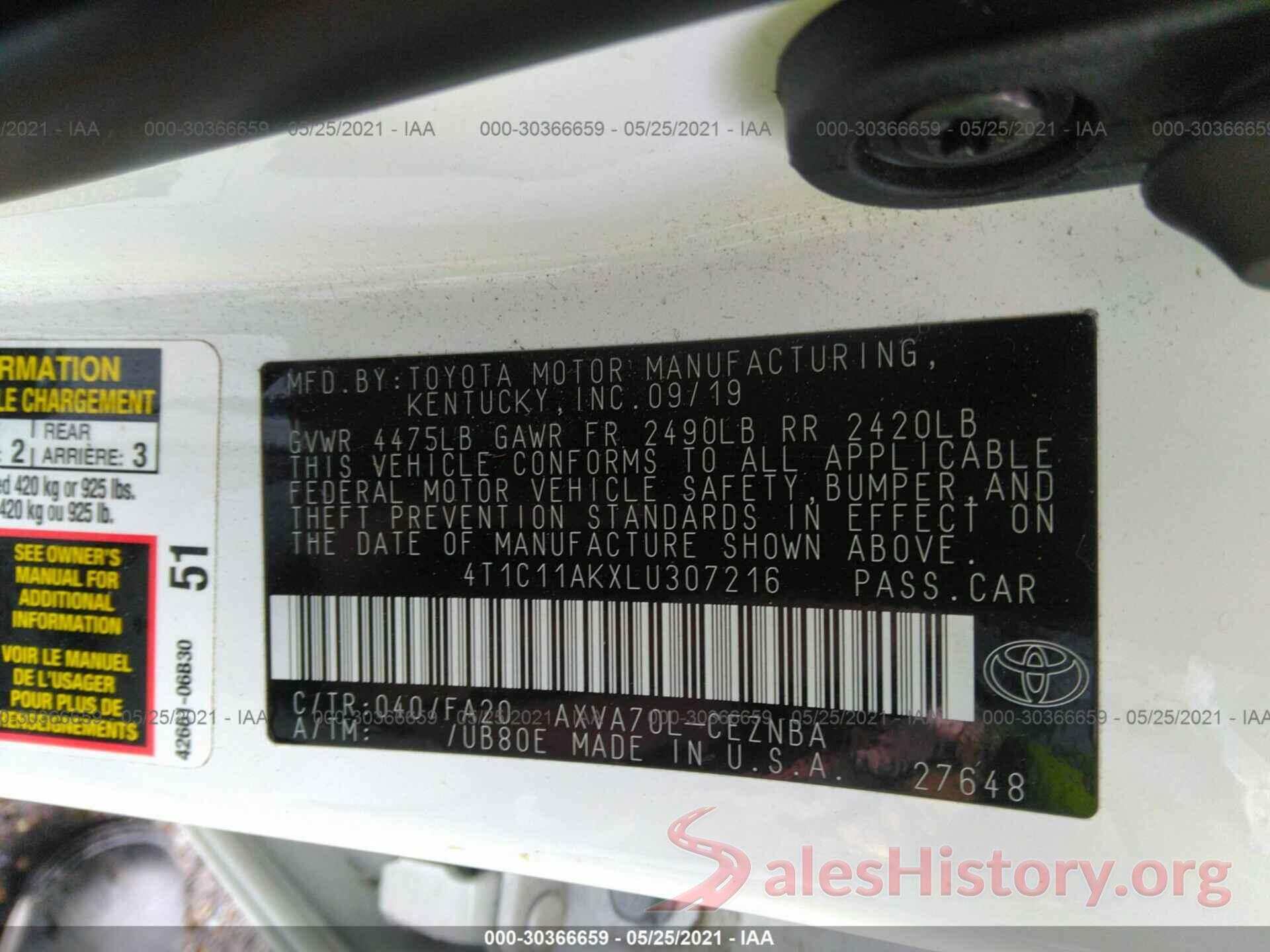 4T1C11AKXLU307216 2020 TOYOTA CAMRY