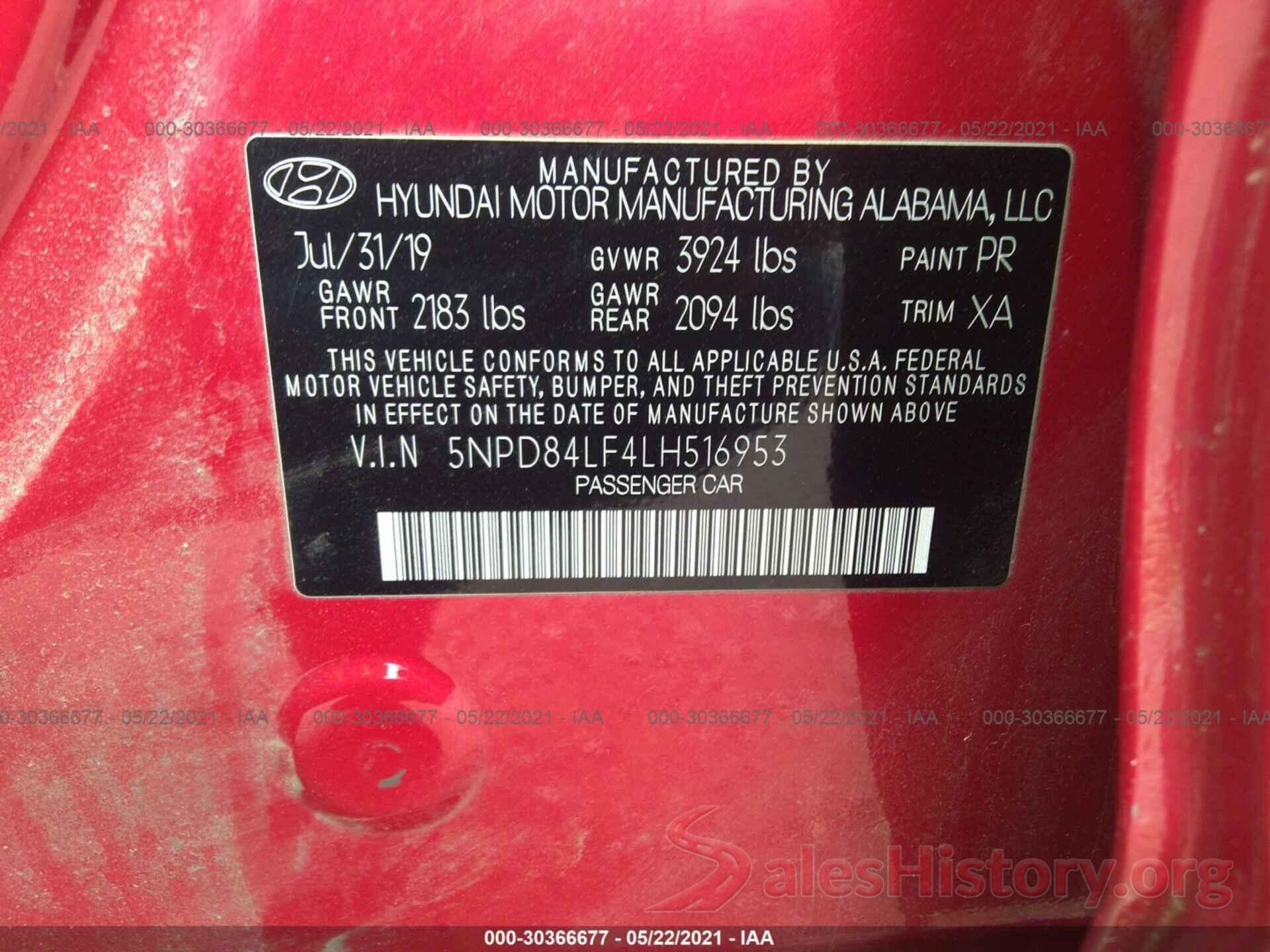 5NPD84LF4LH516953 2020 HYUNDAI ELANTRA