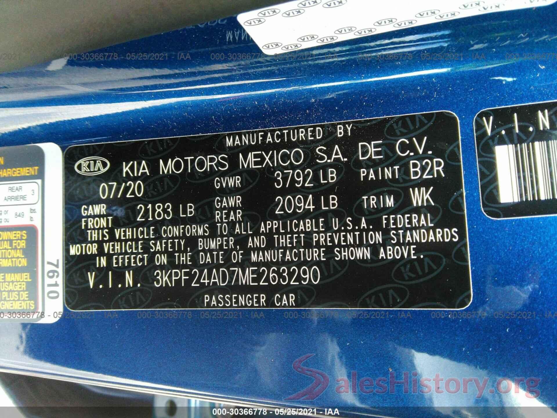 3KPF24AD7ME263290 2021 KIA FORTE