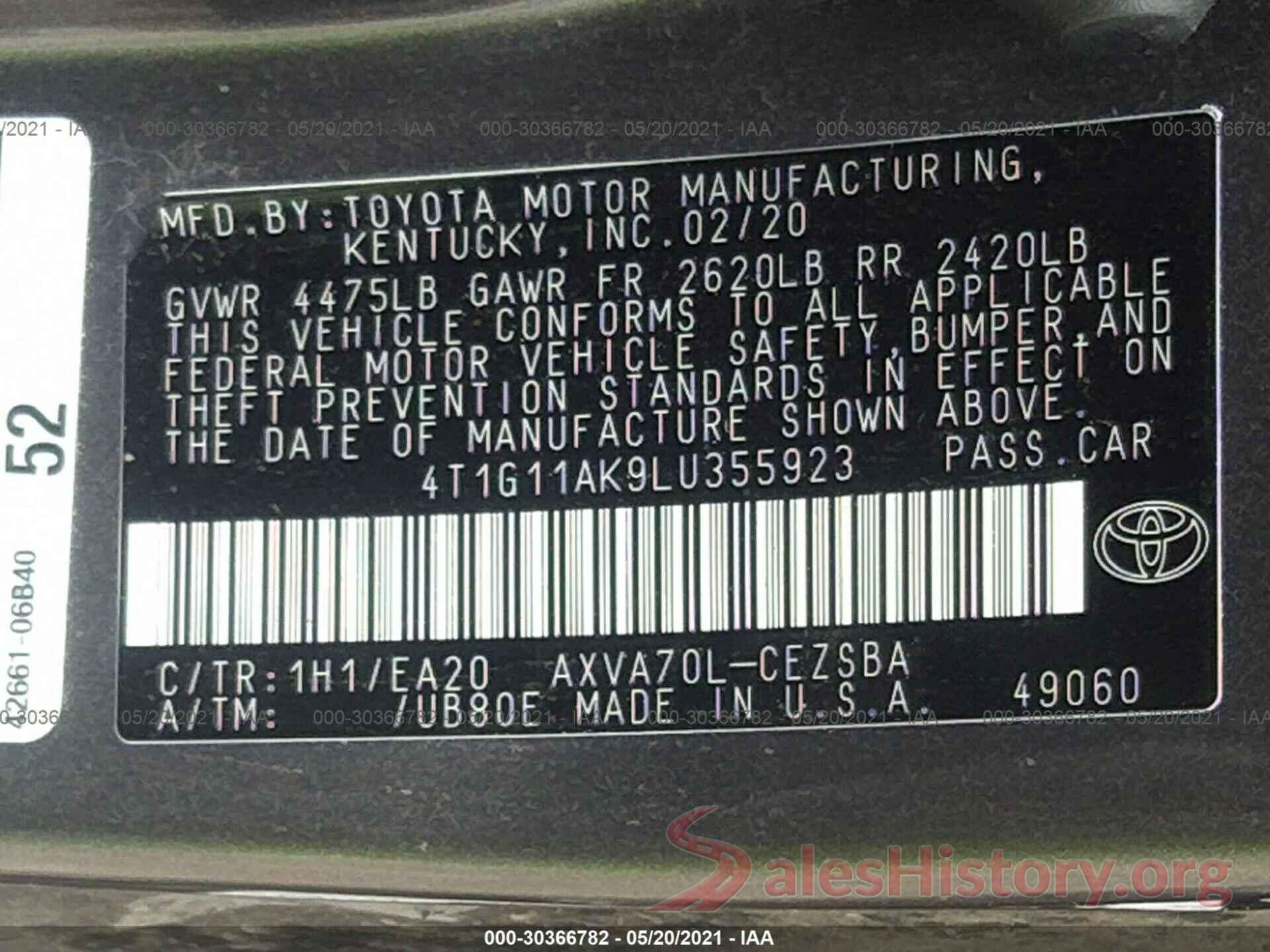 4T1G11AK9LU355923 2020 TOYOTA CAMRY